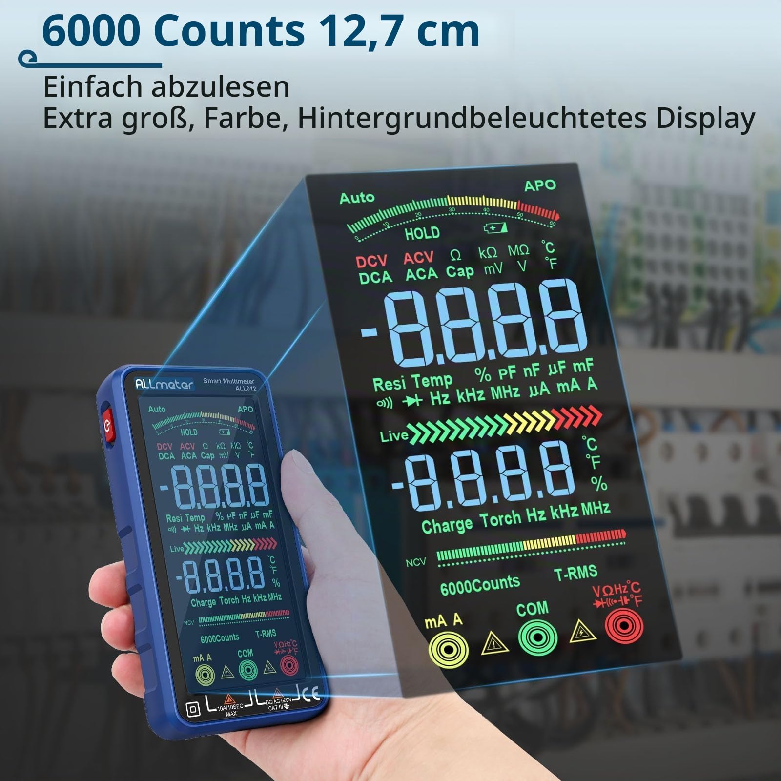 Digital Multimeter 6000 Zählungen Strommessgerät mit Farbbildschirm CAT II 1000V CAT III 600V True RMS Voltmeter für AC/DC Spannung Strom Kapazität Widerstand Dioden Frequenz Temperatur NCV