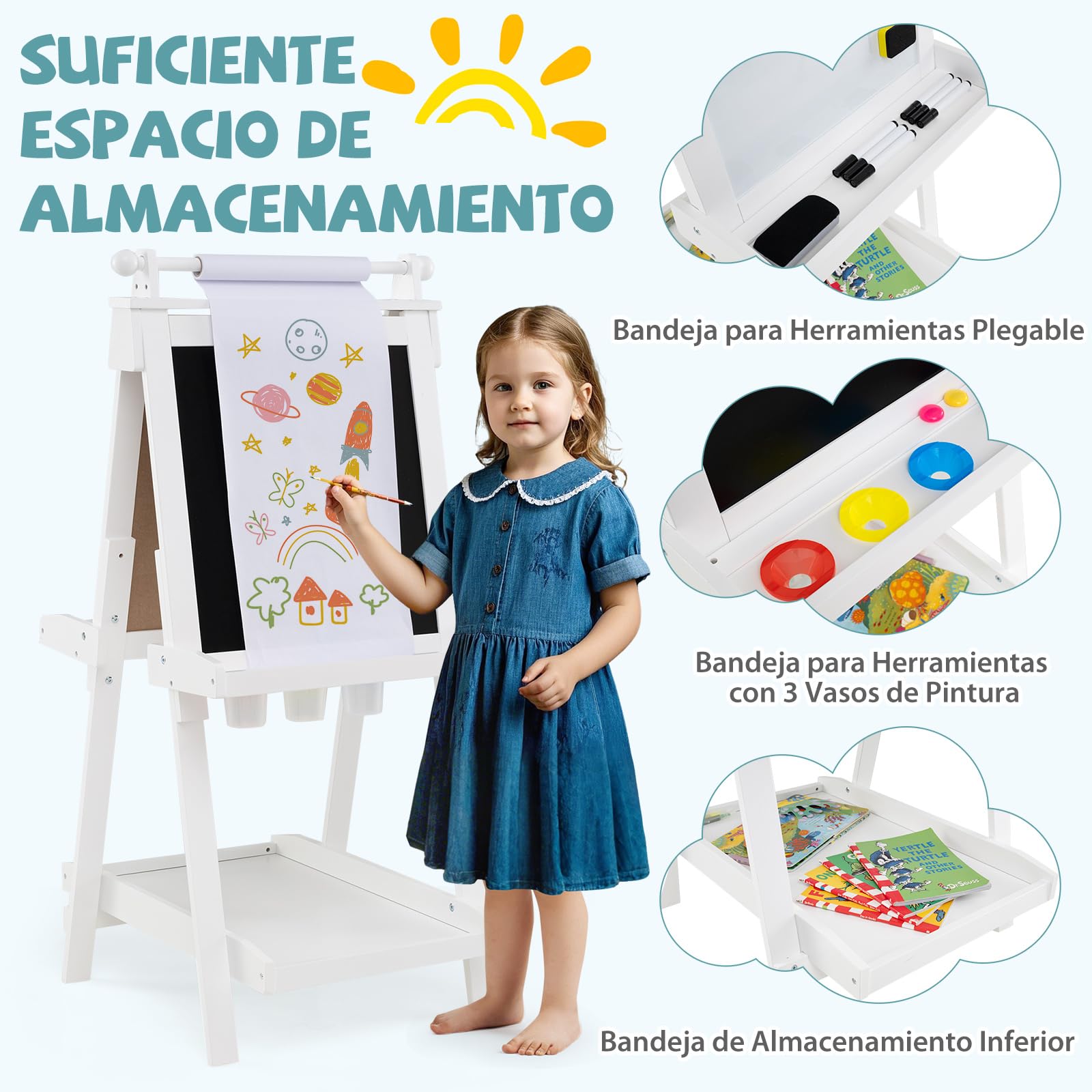 COSTWAY Caballete Plegable para Niños 3 en 1, Pizarra Infantil de Doble Cara, Pizarra Blanca y Magnética, 3 Alturas Ajustables, Rollo de Papel Reemplazable, 3 Vasos, Bandejas (Blanco)