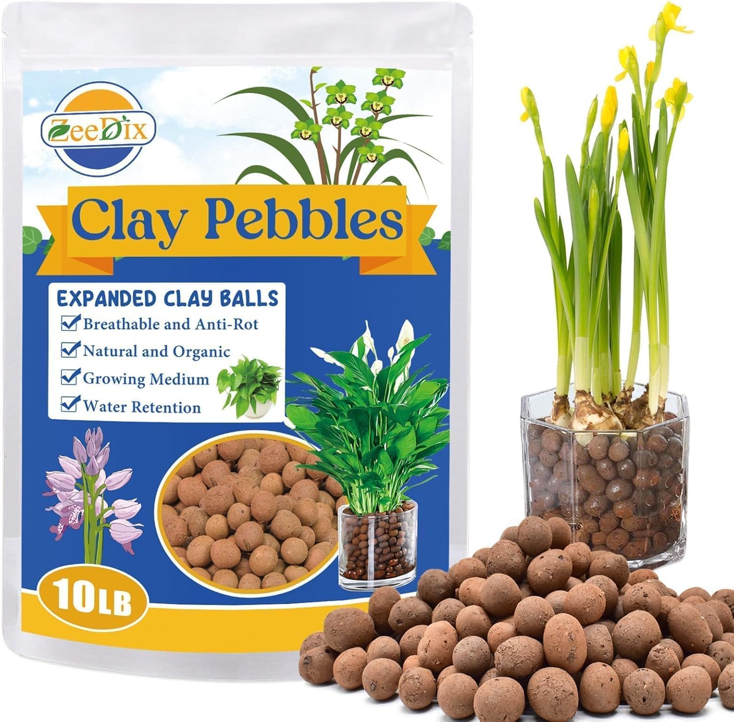 ZeeDix 10LBS Lightweight Expanded Clay Pebbles – pH-Balanced Hydroponic Growing Media for Aquaponics & Indoor Plants (Reusable Soilless Aggregate)