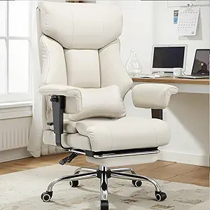 COMHOMA Big and Tall Office Chair 400lbs High Back Leather Executive Chair with Ergonomic Lumbar Support & Pocket Spring Cushion for Lower Back Pain Relief, Computer Gaming Chair with Foot Rest, Beige