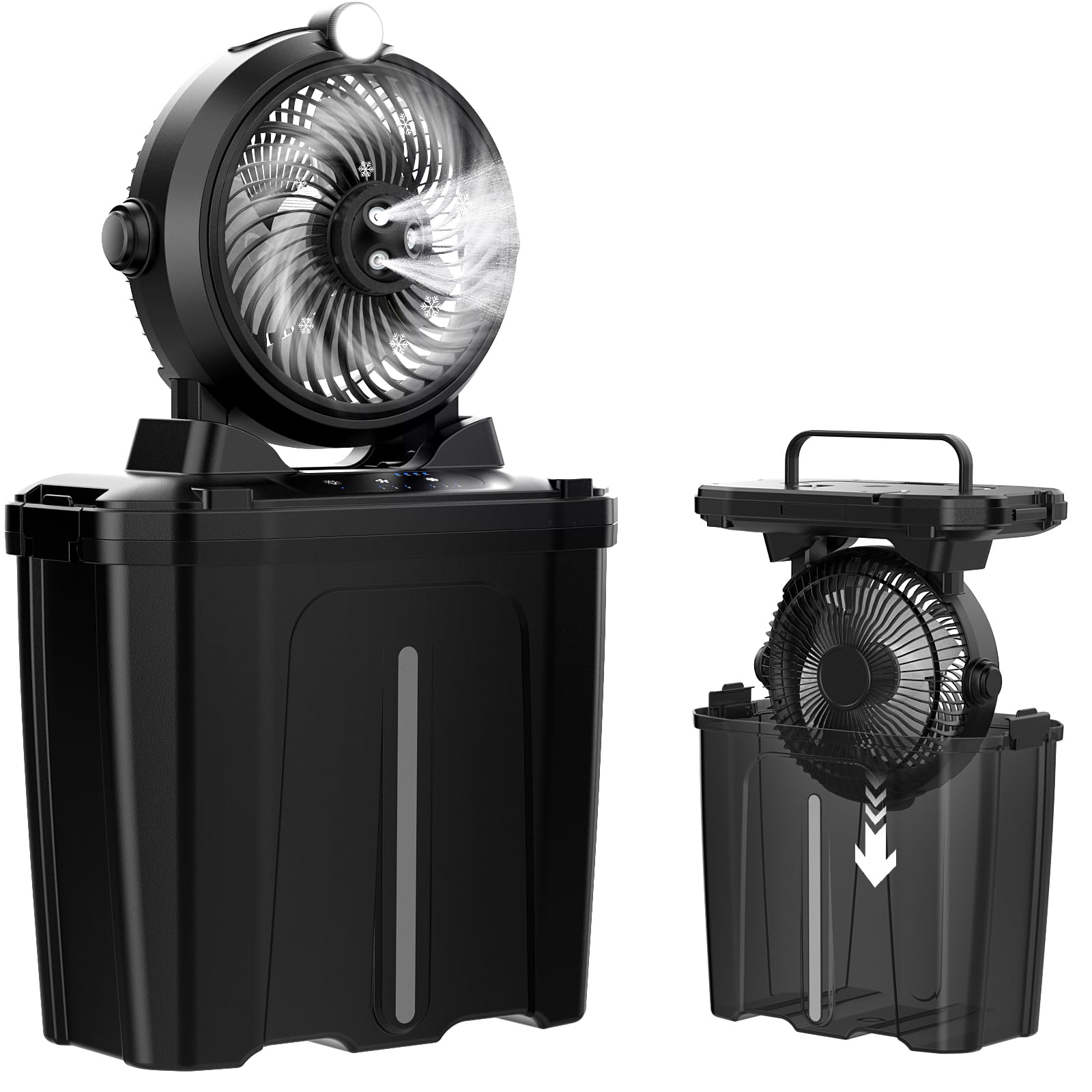 Ventilatore da Campeggio con Secchio da 11 Litri e Luce a LED, 20000mAh Batteria Ricaricabile Ventilatore Nebulizzatore, 3 Velocità, 3 Modalità di Nebulizzazione, Campeggio/Pesca/Viaggi