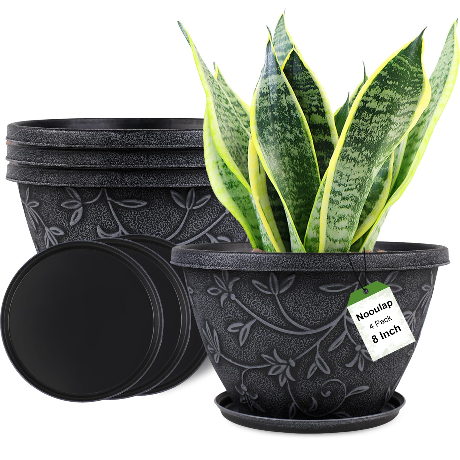 Nooulap 4 Pack 8 Inch Flower Pots for Outdoor Indoor, Plastic Plant Pots with Drainage Hole & Saucer, Lightweight Small Resin Flower Pot, Imitation