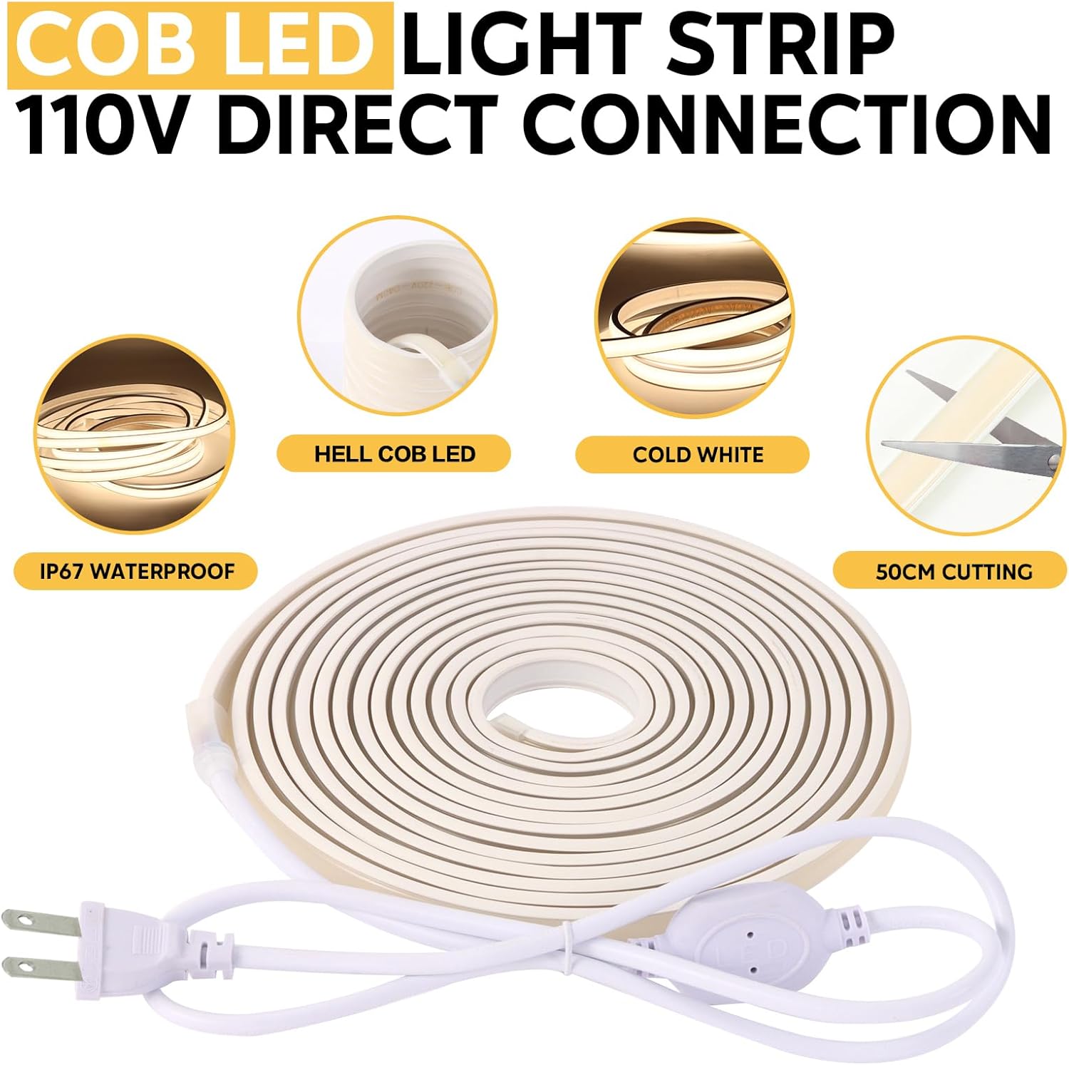 110V 9.84ft COB LED Strip Light, Ip67 Waterproof Light Strips White LED Lights for Living Room and Bedroom (White, 9.84ft) - Image 4