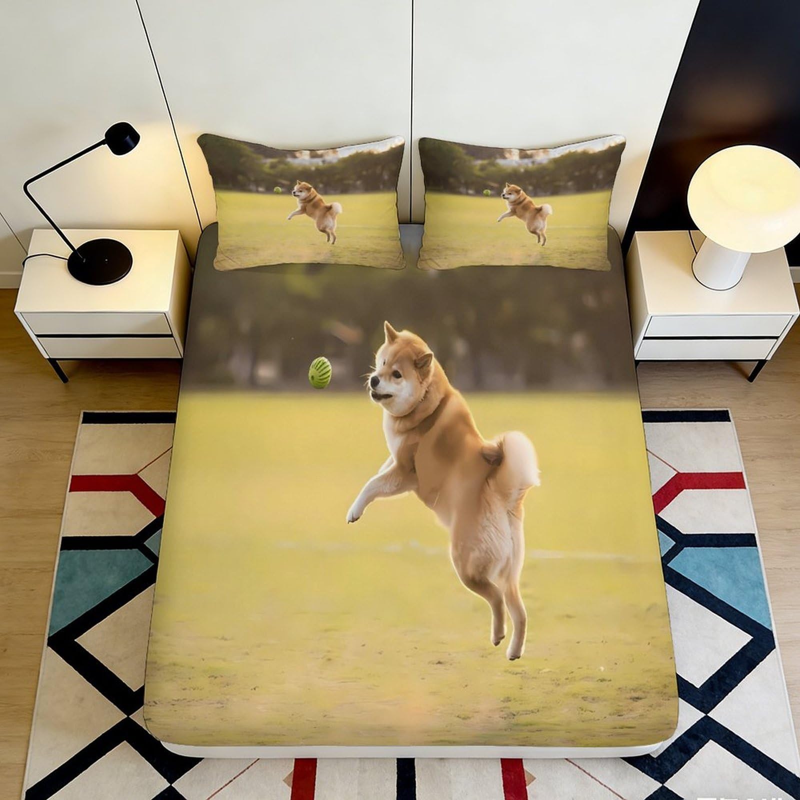 3D Printed Playful Shiba Inu Fitted Sheet Microfiber Soft Durable Jumping Dog Bed Sheet Mattress Cover for Bedroom Dormitory Guest Room Bedding Decor 140x200x25cm
