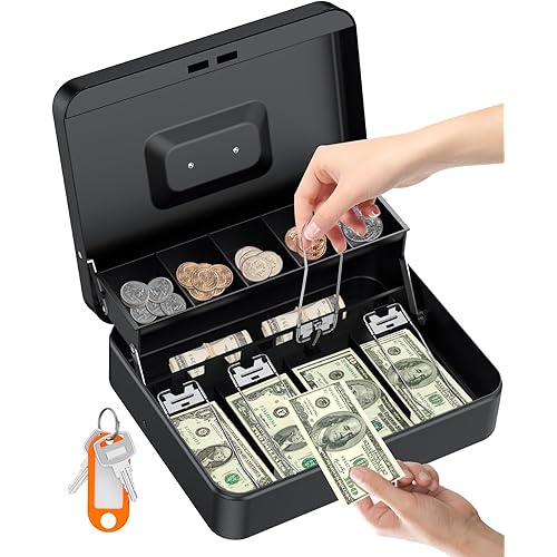 Uniclife Cash Box with Money Tray and Lock, Large Money Box for Cash Register, Safe Metal Lock Box with Key, Portable Money Saving Box, Black Metal Cash Drawer, 11.9" x 9" x 3.7"