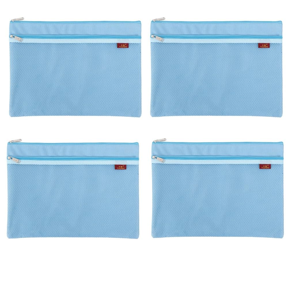 8PCS A4 Document Bag Zip Bag Nylon Mesh Bag Waterproof Double Zip Envelop Folder Case Document Bag for Student Office Supplies Travel Bag, Blue — image 1