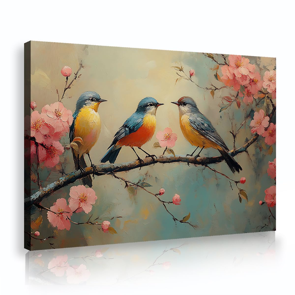 CHERHERART Birds Floral Canvas Poster Easy to Hang Cherry Blossom Branch Canvas Wall Art Impressionist Romantic Picture Prints for Kitchen 55x85cm Innerframe