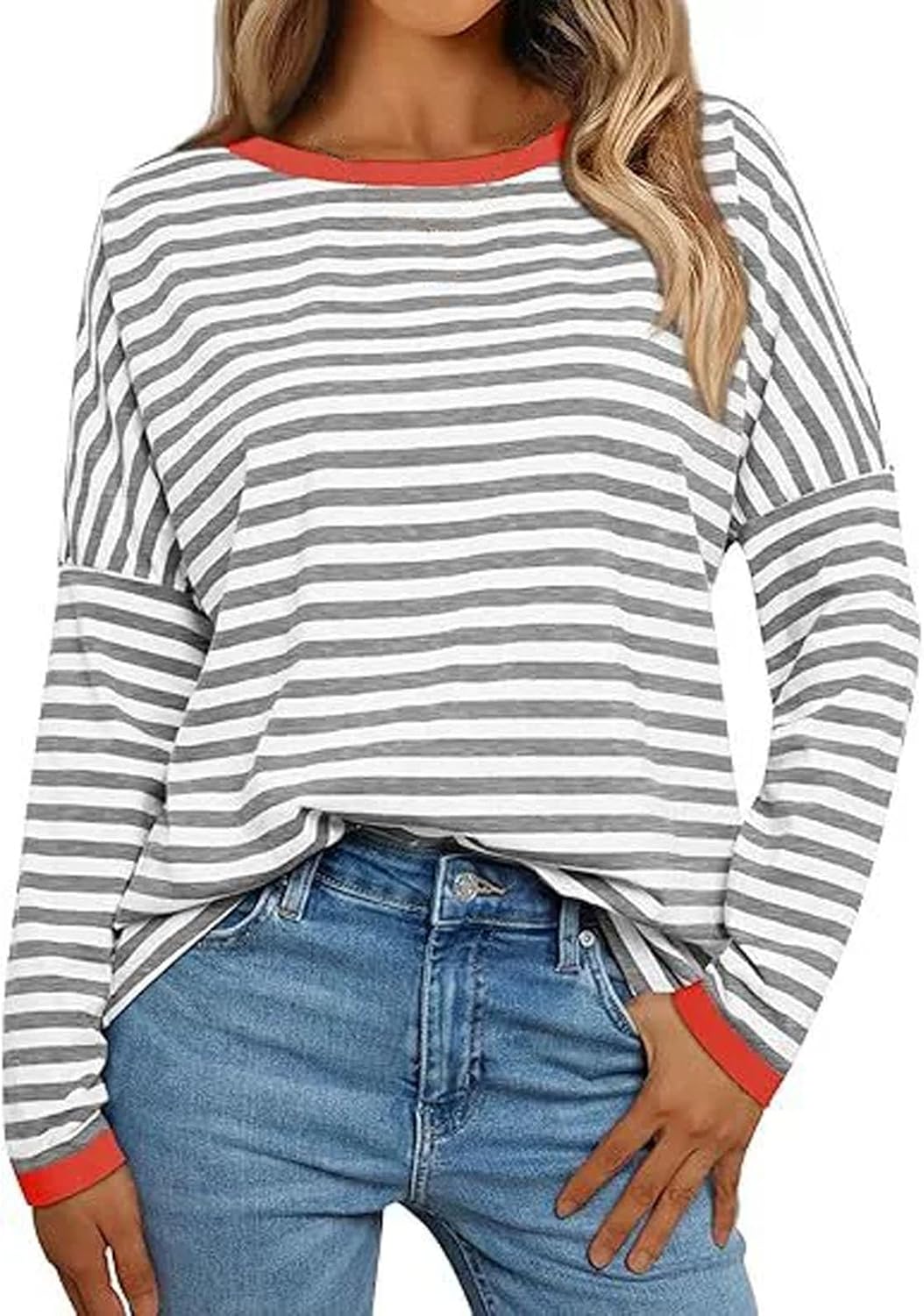 Felpa Donna Righe Y2K - Maglia Maniche Lunghe Girocollo Con Orlo Contrasto - Foto 7