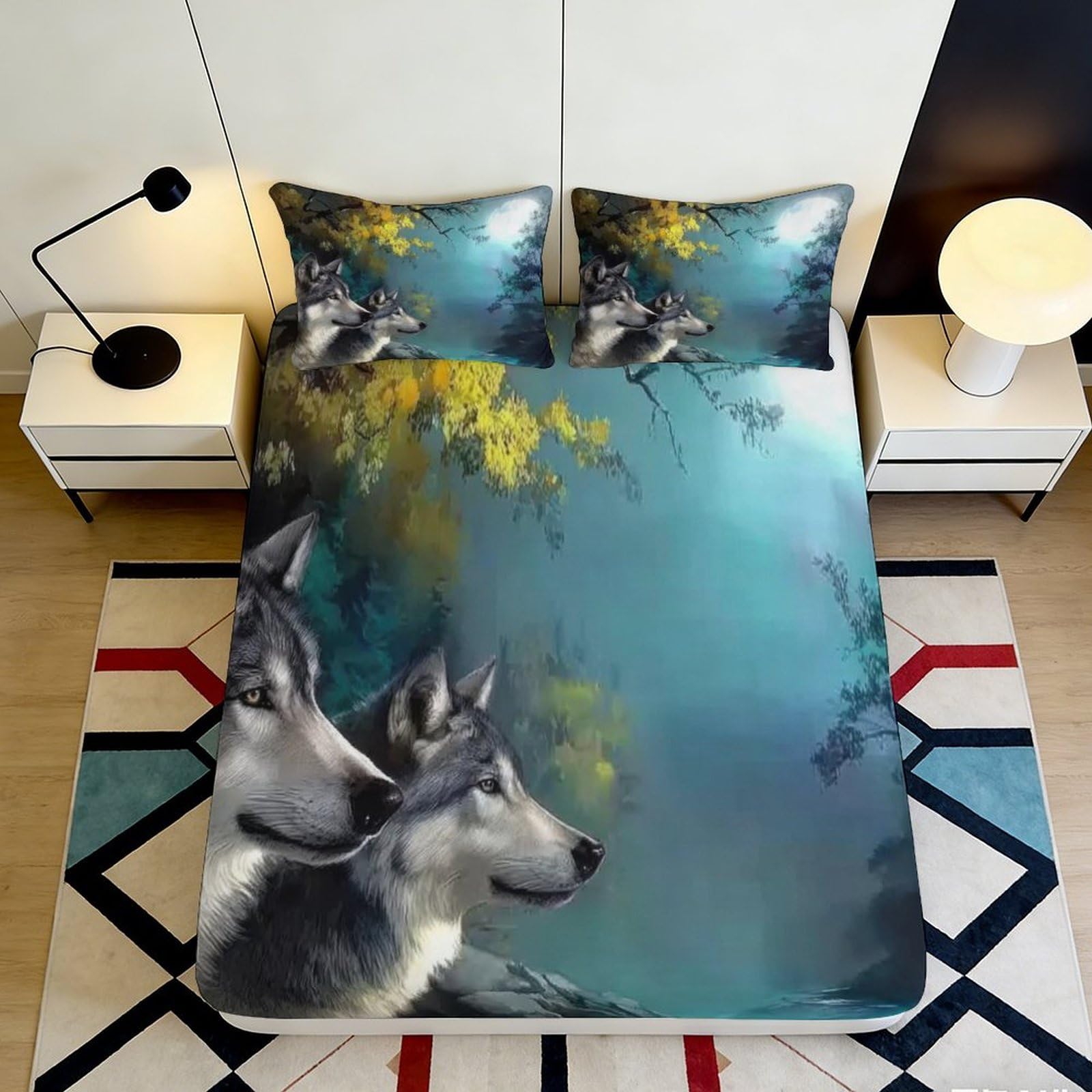 3D Printed Wolf Forest Fitted Sheet Microfiber Soft Durable Blue Green Bed Cover for Bedroom Dormitory Guest Room Mattress Protection 120x200x25cm