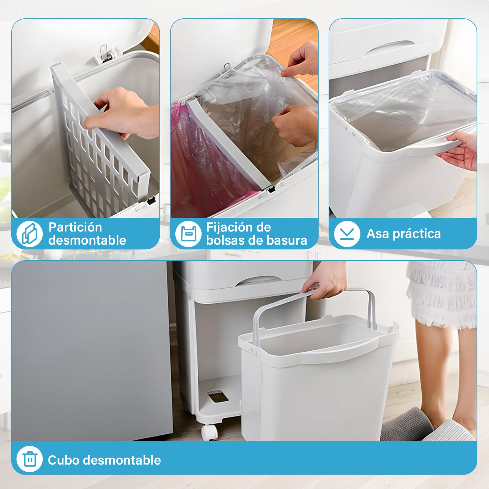 Cubo De Basura Cocina Multinivel 42L, cubo De Basura De Reciclaje Con Ruedas Bloqueables, Diseño Vertical Ahorrador Espacio, Separación Residuos Seco Húmedo, 3 En 1 Contenedor De Basuras De Cocina