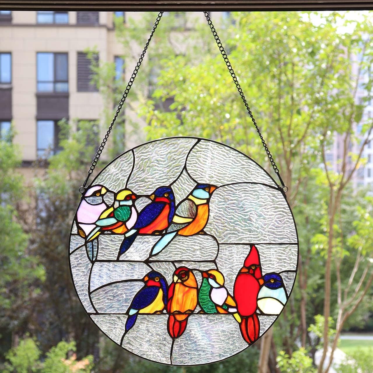 Bieye W10051 Tropical Birds Tiffany Style Stained Glass Window Panel for Home Decoration, Round Shape, 16-inch Wide
