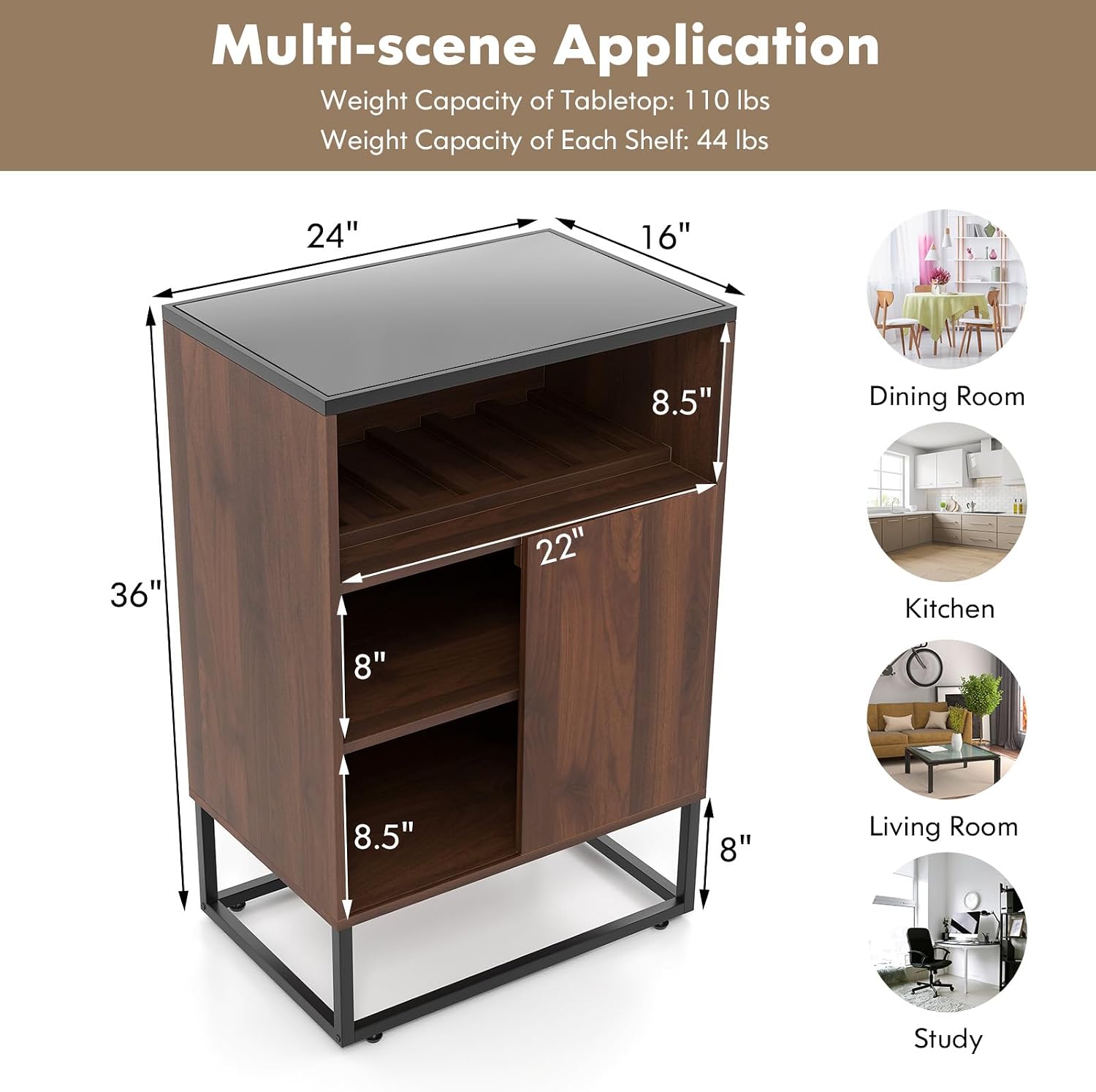 LOKO Wine Cabinet with Storage, Wine Bar Rack Cabinet with Tempered Glass Top, Wine Rack, Adjustable Shelf & Sliding Door, Small Sideboard Buffet Cabinet with Ant-toppling Device, Walnut