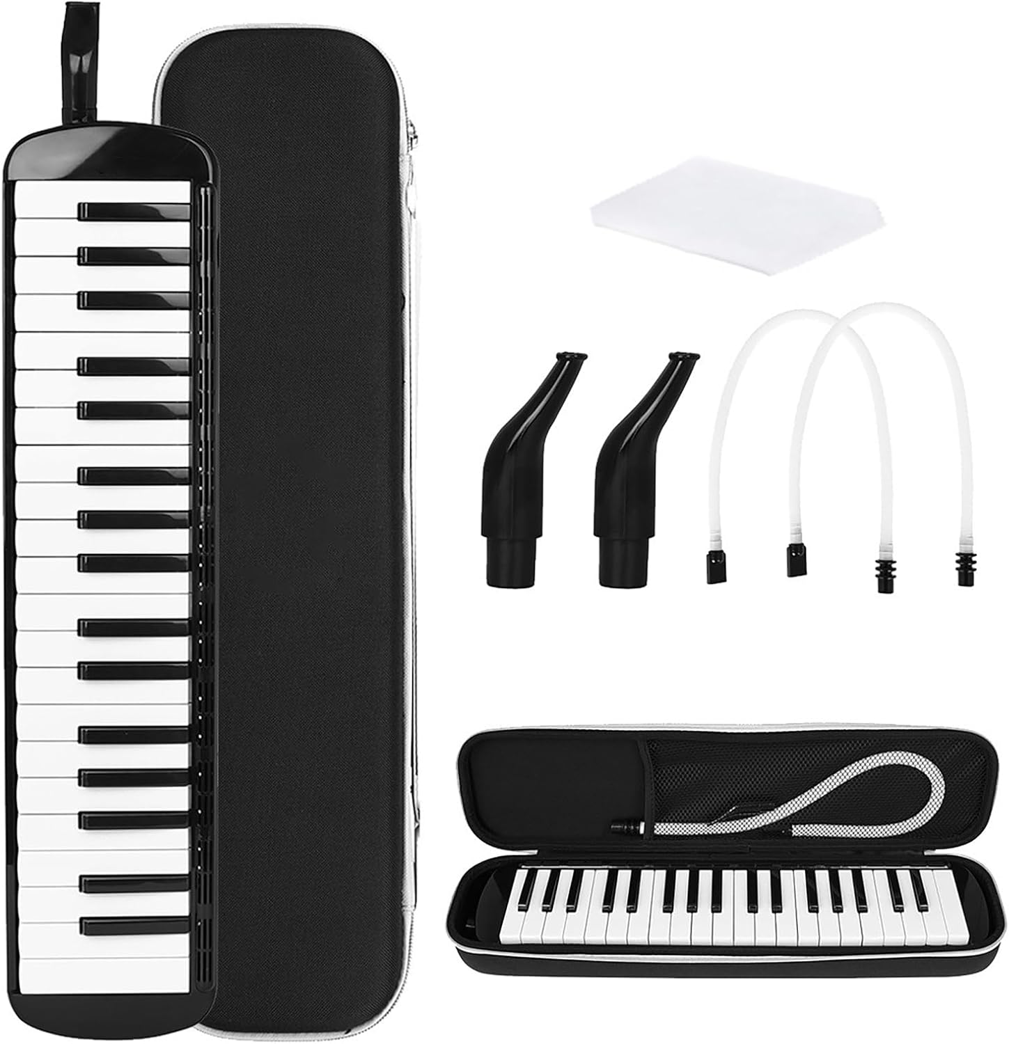 Melodica 37 Keys Air Piano Keyboard with Brass Reed Plate, 2 Tubes, 2 Mouthpieces EVA Hard Cases for Kids Adults Classroom Performance (Black)