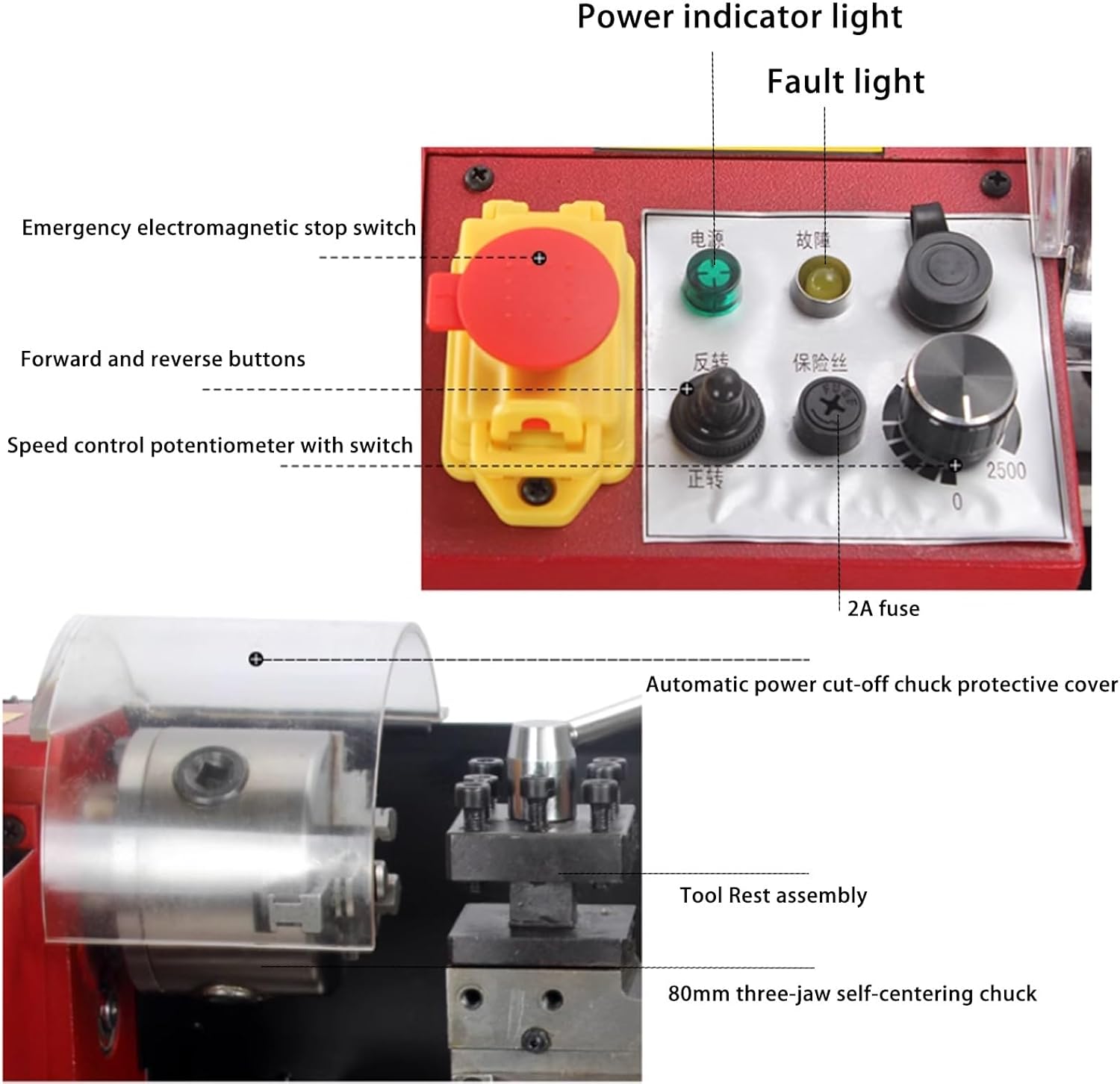 7.09"*13.78" 500W 2500RPM Benchtop Precision Metal Lathe, With 80mm Three-jaw Self-centering Chuck For DIY Metal Working Turning Drilling Threading Milling