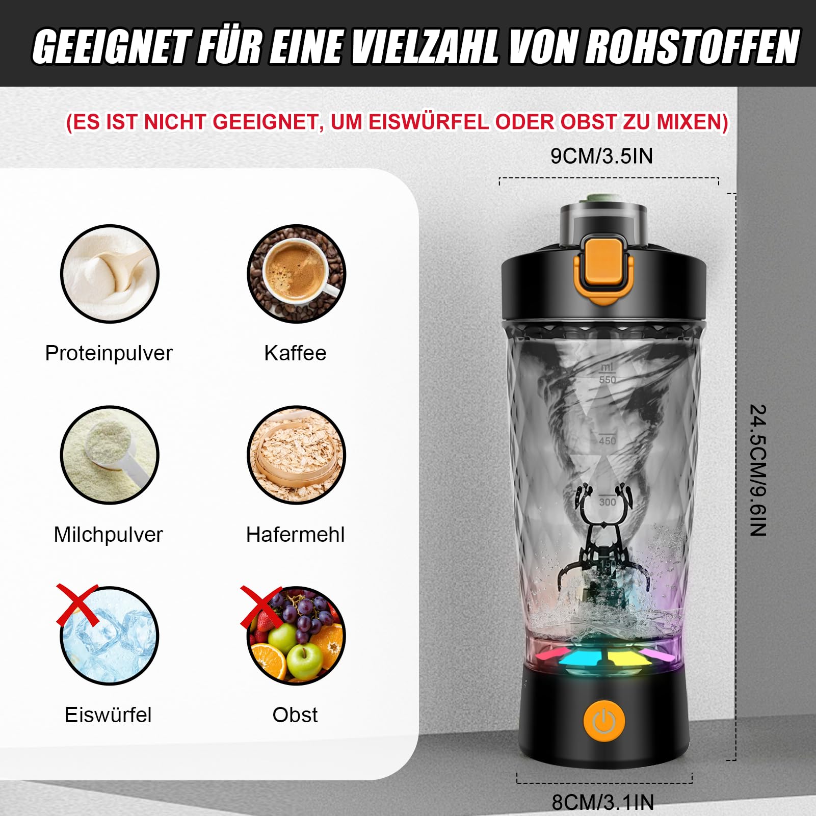 SOARFLY Elektrischer Shaker Protein Shaker Elektrisch mit Pulverfach 650ML, Eiweiß Shaker USB Wiederaufladbar für Potein Pulver und Milchshake, BPA-frei, Schwarz