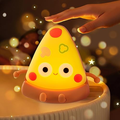 Linda luz nocturna de pizza, lámpara nocturna recargable por USB de silicona con control táctil para niños, ideas de regalos Kawaii para niños y
