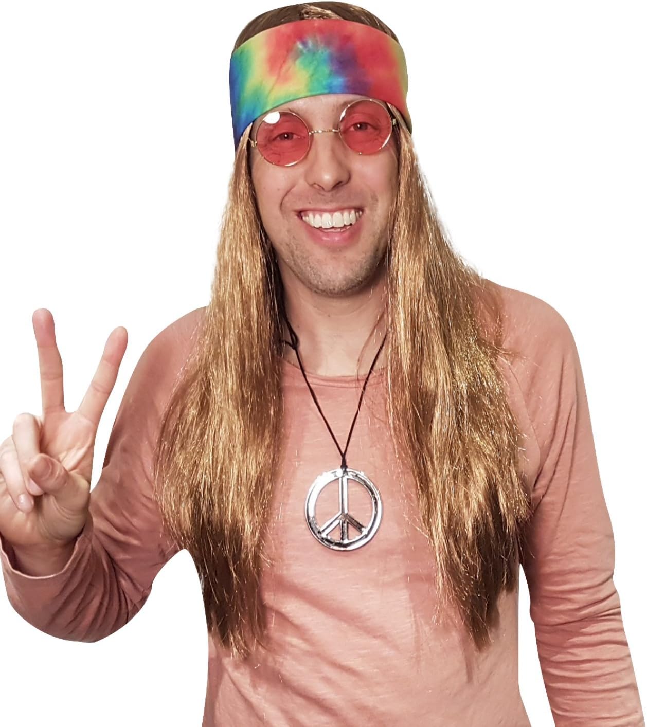 Adult Hippie Wig Costume with Tie Dye Bandana 60s 70s Hippy Woodstock Festival Gear