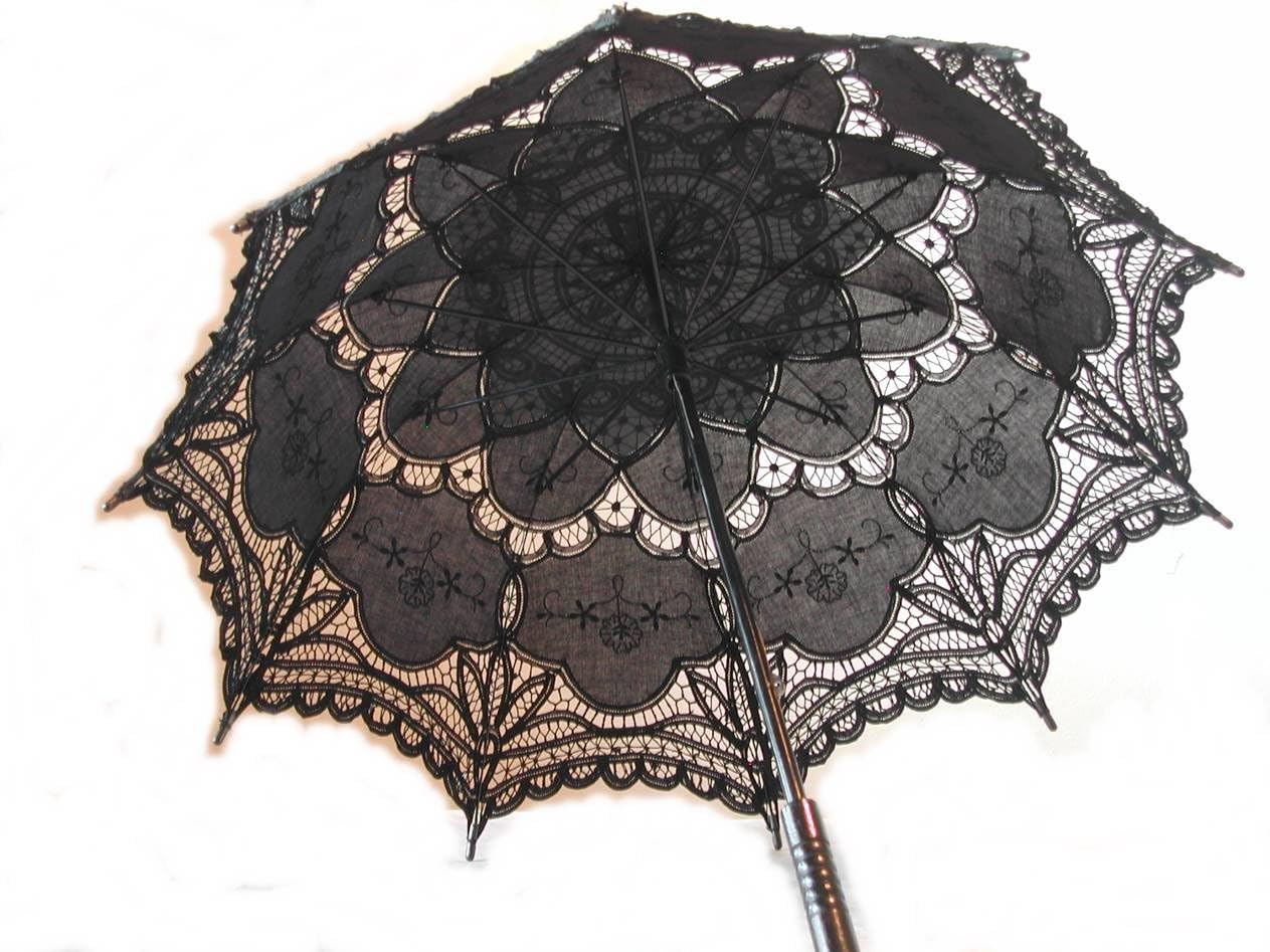 Black Embroidered Battenburg Lace Parasol