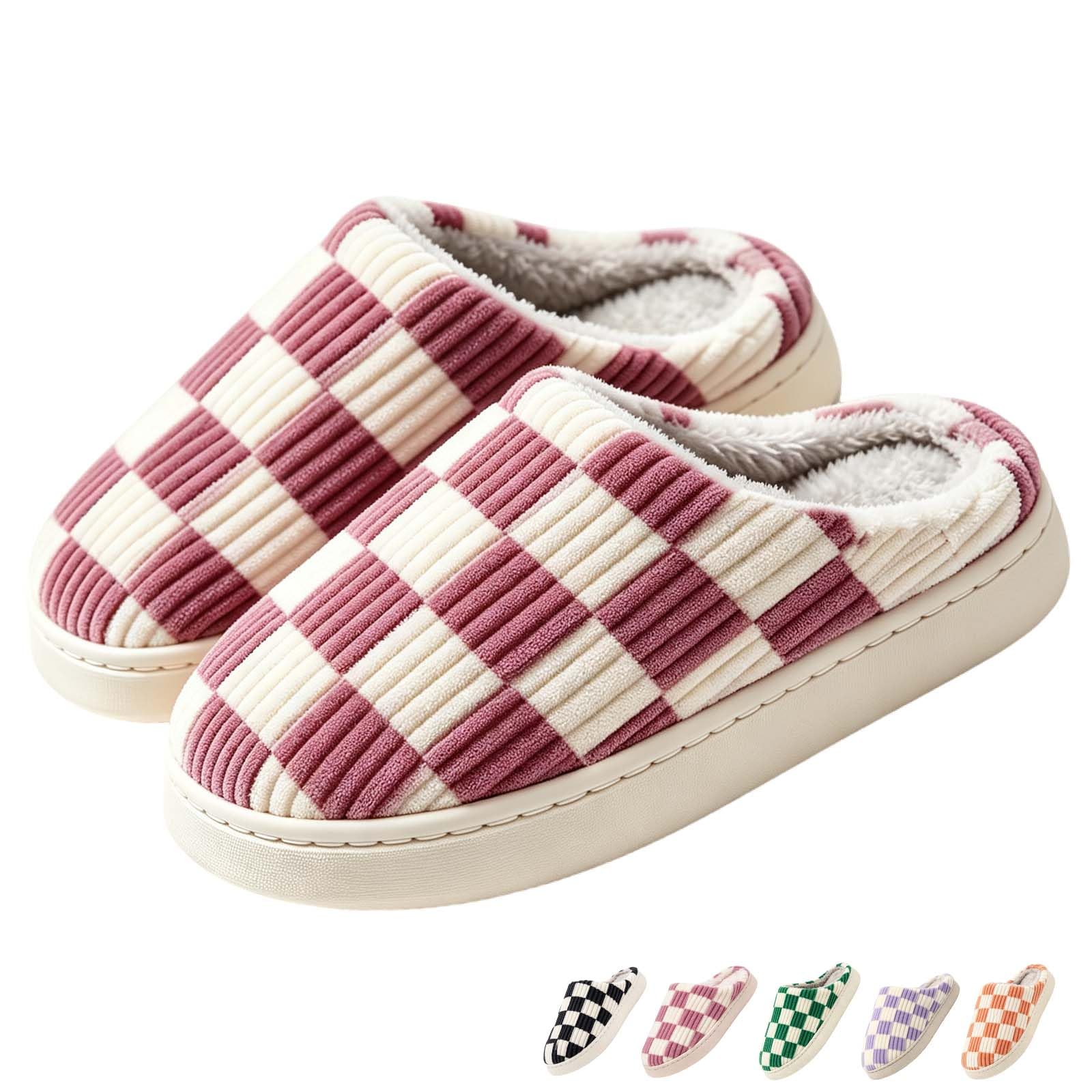 Checkered Slippers for Women and Men - Fuzzy House Slippers with Memory Foam, Comfy Plush Fluffy Indoor House Shoes, Cozy Warm Slip on Bedroom Slippers with Non-Slip Sole