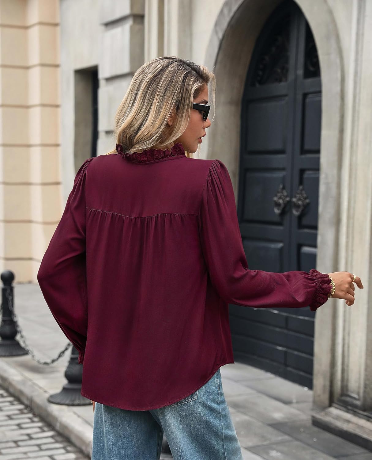 Button Down Shirts for Women Dressy Casual Blouses Long Puff Sleeve Shirts Elegant Pleated Tunic Tops Business Casual Tops Fall Solid Retro Blouses, Wine Red, XXL - Image 5
