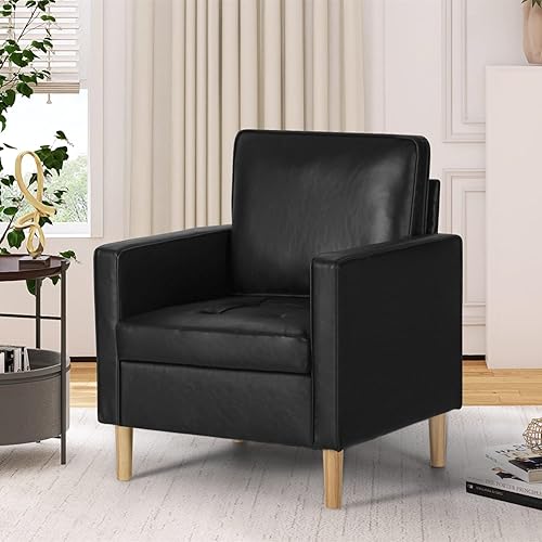 AILEEKISS Sillón moderno de cuero sintético para sala de estar, oficina, sillón con patas de madera maciza para espacios pequeños (1, negro)