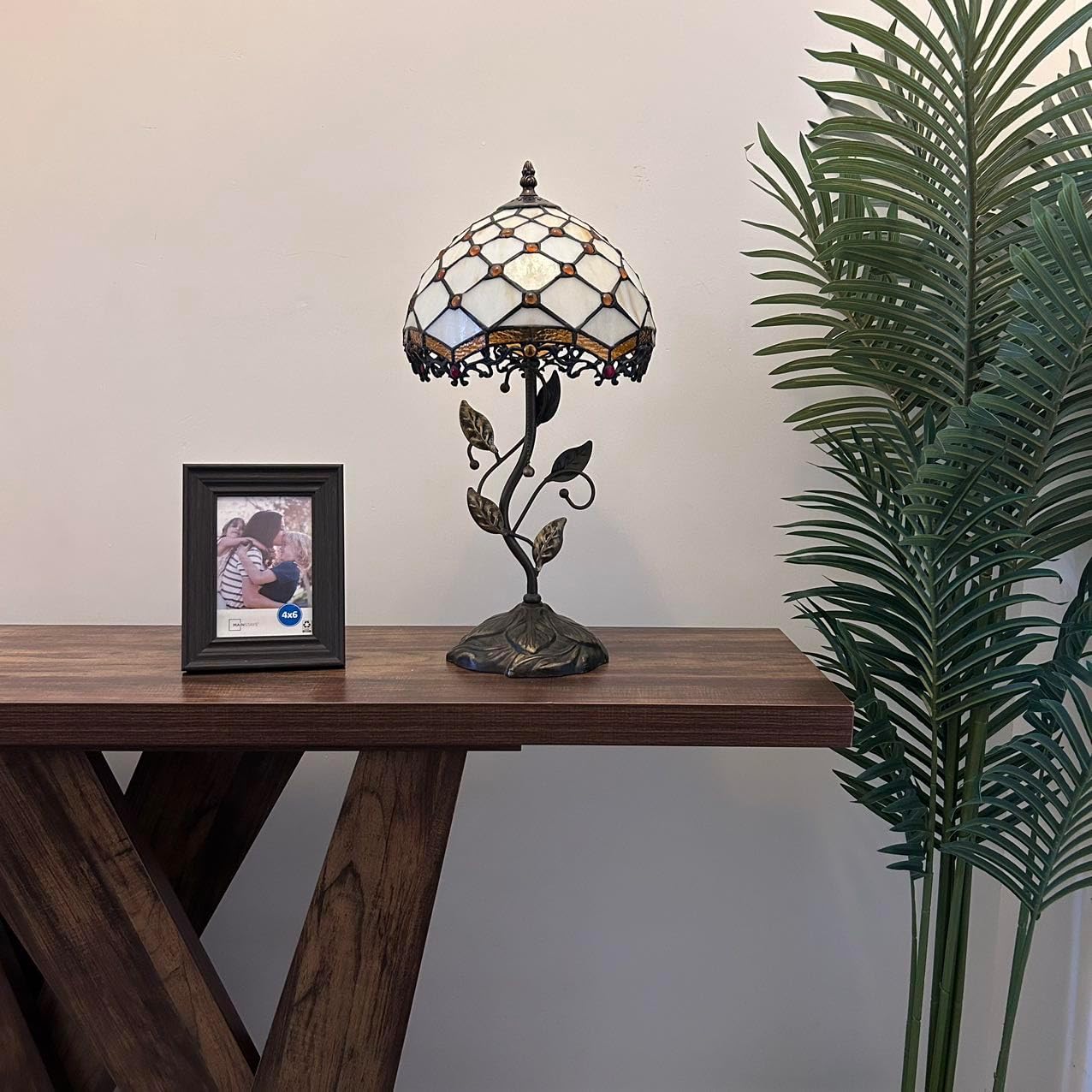 Tiffany Table Lamp Beige Stained Glass Crystal Beans LED Bulb Included for Living Room Bedroom Bedside 10" W*10" D*20" H