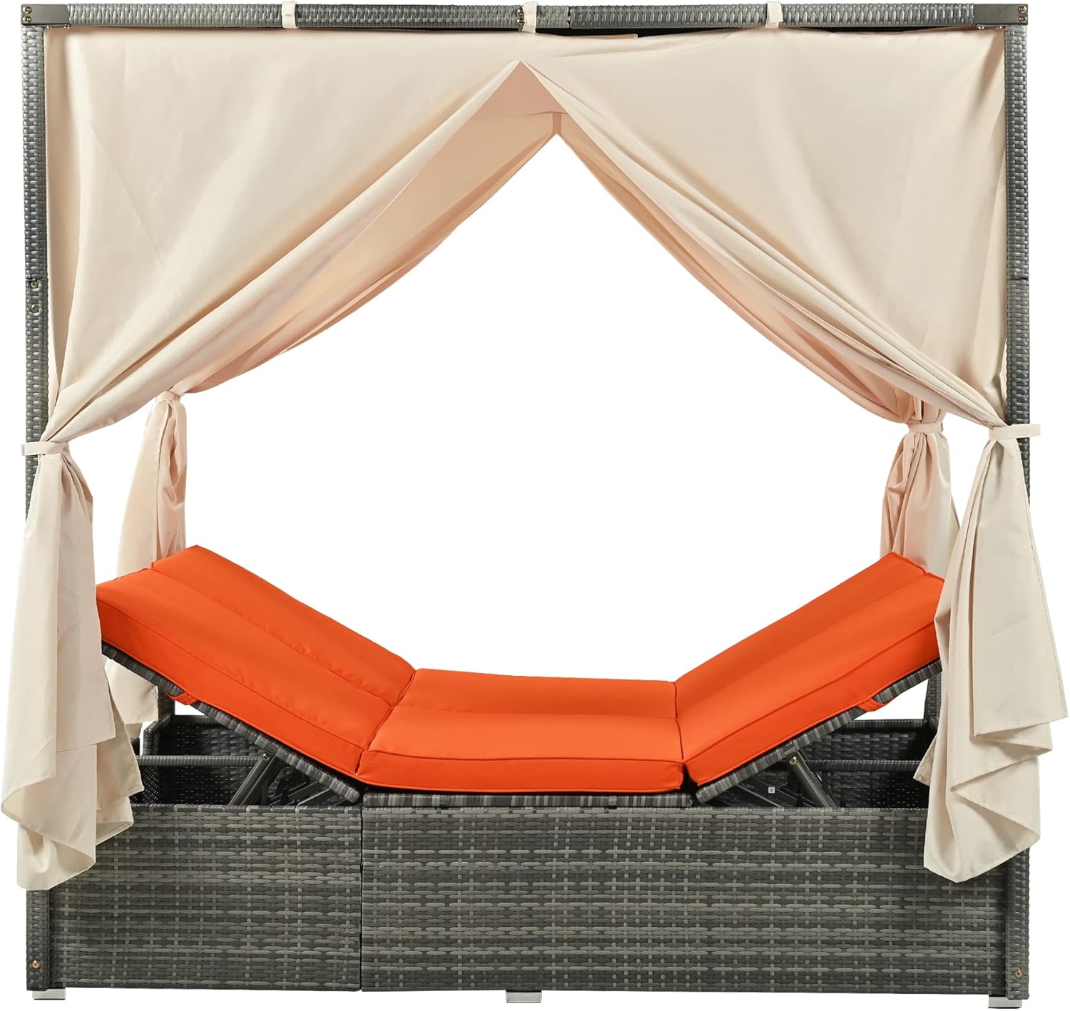 All Weather Outdoor Patio Wicker Adjustable Sun Bed with Curtain, UV-Proof PE Rattan Seating Relaxing Daybed Sunbed with Cushions for Balcony Garden Backyard Poolside (Orange-2)
