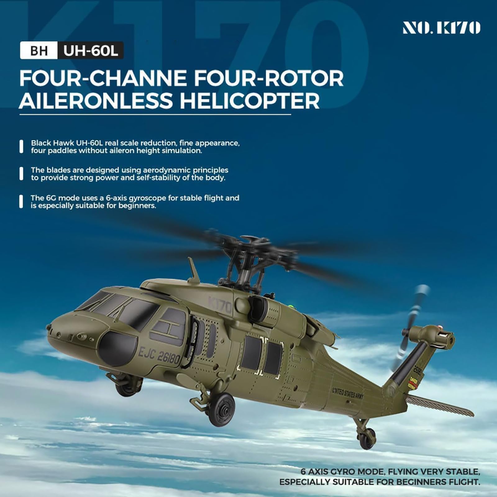Generico Elicottero RC K170 UH60L per Adulti, Elicottero RC Militare con giroscopio a 6 Assi, Motore brushless, 2.4G 4CH, Volo stazionario in Quota con giroscopio per Adulti,1 Battery