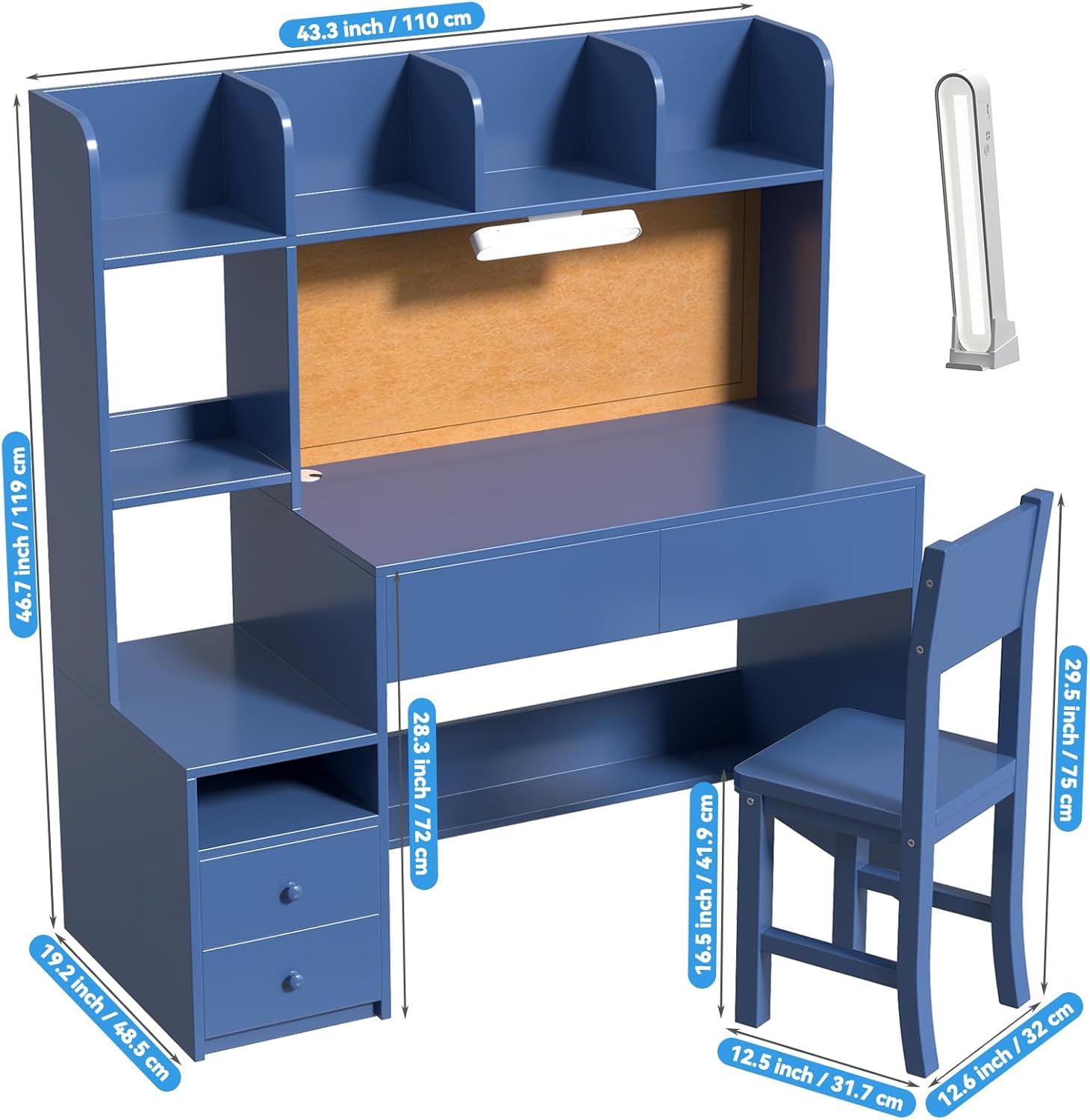 Wooden Blue Kids Study Desk and Chair Set with Light, 4 Drawers and Storage Cabinets, Children Desk with 4 Open Hutch and Shelves, Girls Study Desk for Kids Bedroom-002