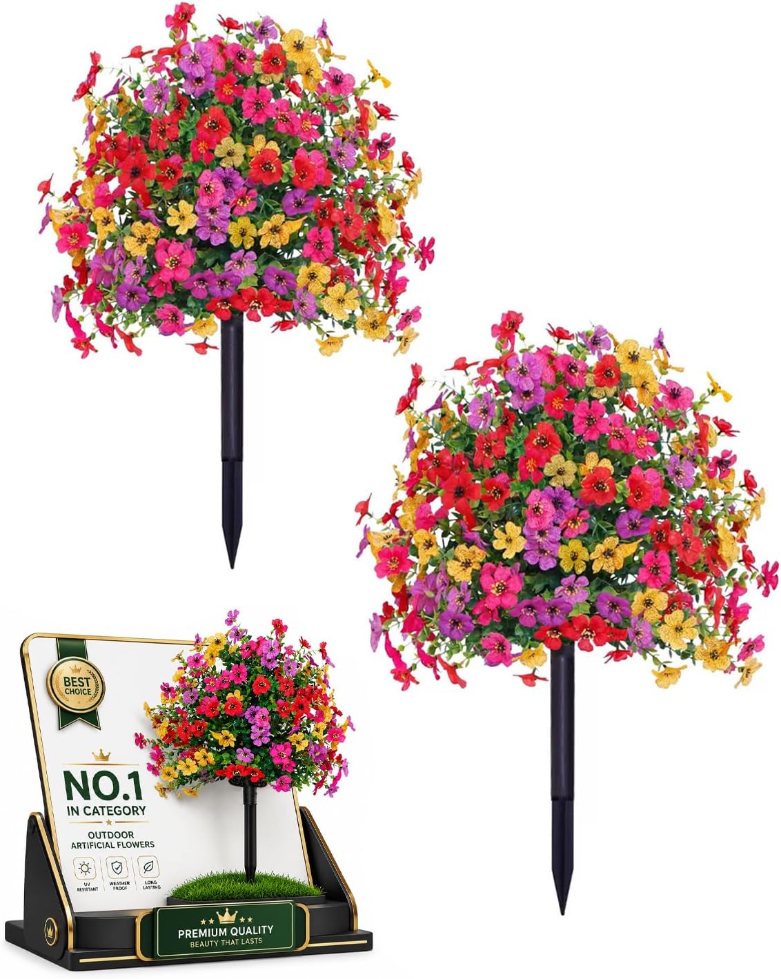 2 Pcs Artificial Flowers for Outdoors with Stakes Potted Trees Ground Fake Petunias Faux Outdoor UV Resistant Topiary Bushes Stake Petunia Planters Pots Bush Picks Fakeplants and Shrubs
