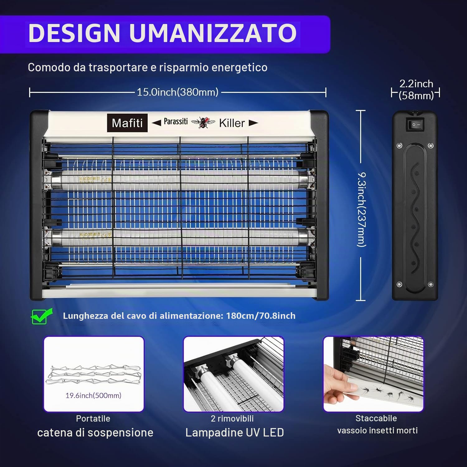 Mafiti Lampada Zanzare 20W 3200V | 4 Lampade UV | Eliminatore di Insetti Elettrico per Interni ed Esterni | Trappola per Mosche, Zanzare, Insetti Volanti