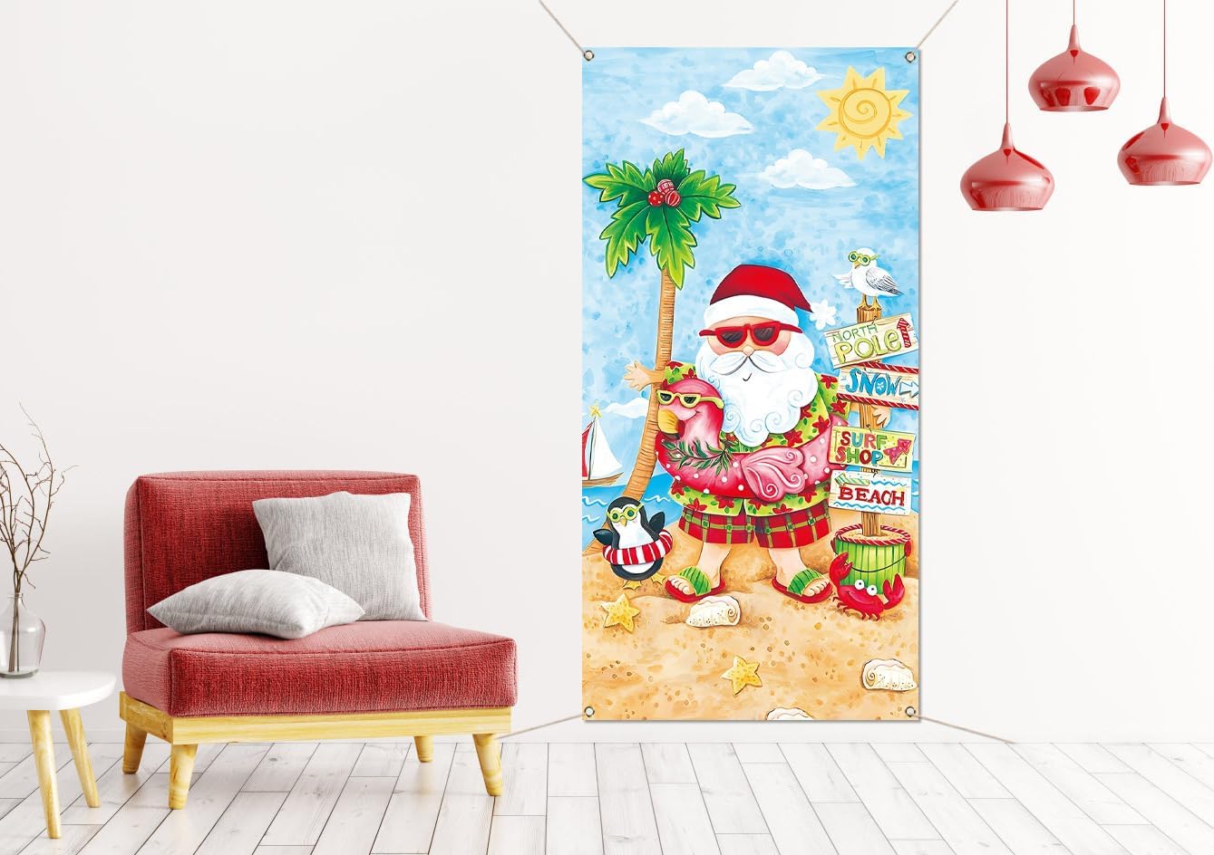 Sunwer Christmas July Door Cover Tropical Summer Beach Hawaiian Themed Party Decoration Santa Palm Tree Front Porch Sign Backdrop Banner for Home Indoor Outdoor Decor image 4