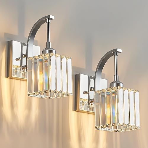 Miniatura 63 de Luces de tocador de cristal cromadas de 4 luces, modernas lámparas de baño de cristal sobre espejo de 32.67 pulgadas de largo para baño Cromo