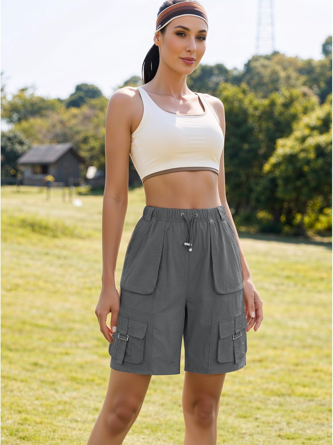 luvamia Hiking Shorts for Women Bermuda Knee Length Cargo Pull On Quick Dry Elastic Waist Sport 9'' Inseam Long Shorts