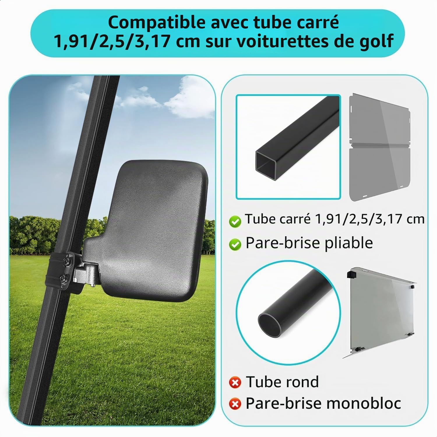 10L0L Rétroviseurs latéraux pour voiturettes de golf, rétroviseurs latéraux rabattables sans perçage pour Yamaha EZGO Club Car Golf Buggy etc.