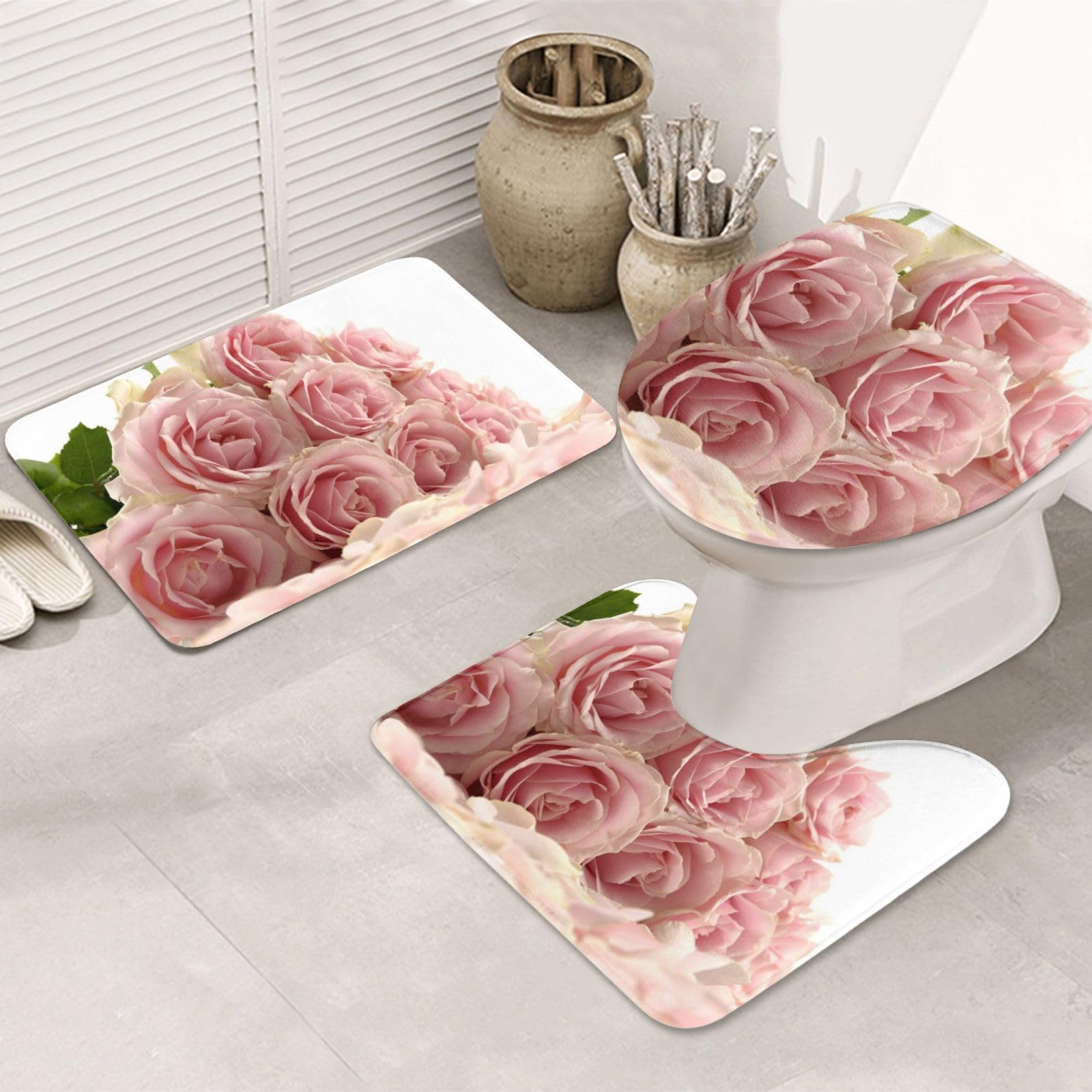 Pink Roses Printed Flannel Anti-Slip Bath Mat Set Of 3-80x50cm | Bathroom Rug Set - Bath Mat + U-Shaped Pedestal Mat + O-Shaped Toilet Seat Cover