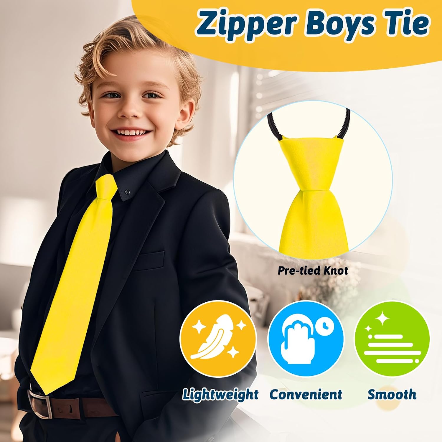 Solid Color Zipper Boys Tie, 14 inch School Ties for Boys Girls Pre-tied Kids Tie for Wedding Party Uniforms Shirts