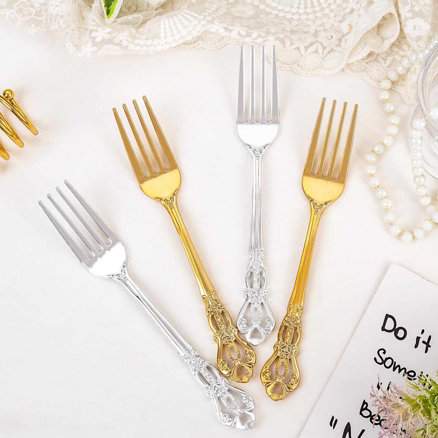 30PCS Gold Plastic Forks - 8.1inch Gold Forks Disposable - Vintage Heavy Duty Dessert Forks - Premium Fancy Plastic Silverware for Parties, Weddings, Dinners and Events thumbnail