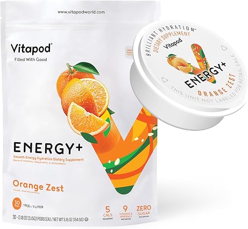 Vitapod Energy+ Orange Rest  Mezcla saludable de bebidas energéticas de cafeína  30 cápsulas  Electrolitos, antioxidantes, vitamina D, A, E, C