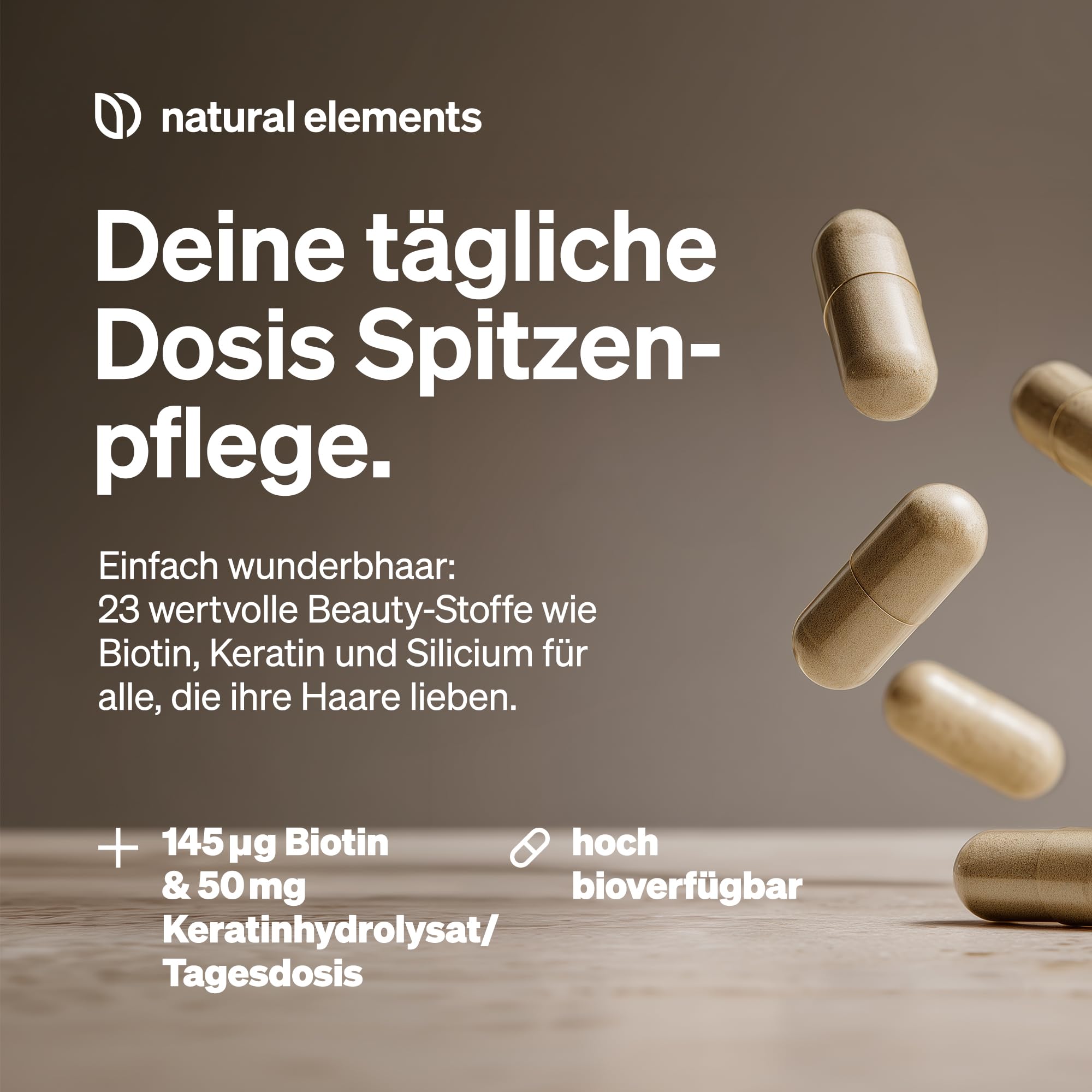 natural elements Haar Vitamine – 180 Kapseln – hochdosiert mit Keratinhydrolysat, Biotin, Selen, Zink, Hirseextrakt, B-Vitaminen & mehr – für Haare, Haut & Nägel* – laborgeprüfte Qualität