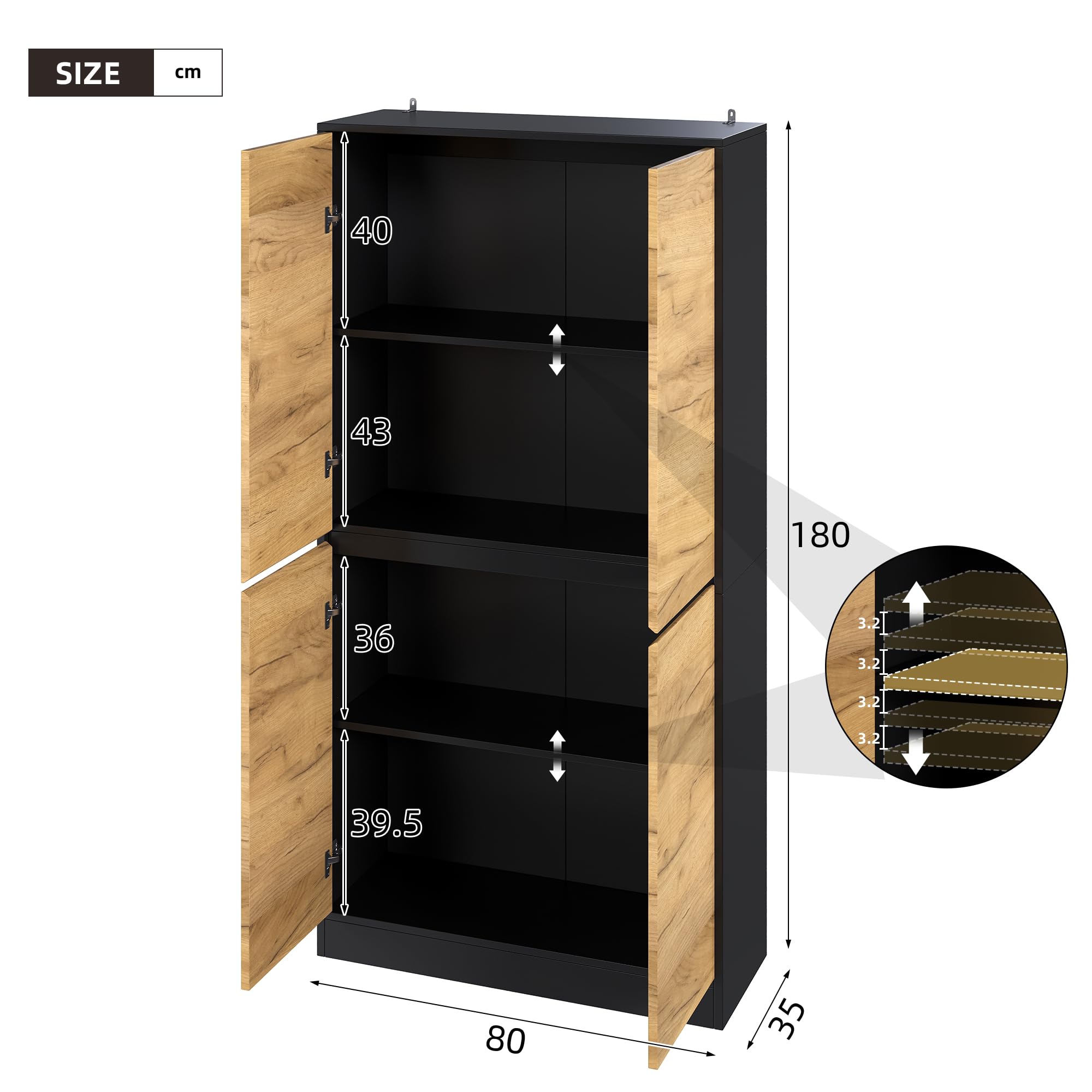 SUKY Armadietto per documenti, 80 x 35 x 180 cm, per ufficio, legno, rovere nero, ripiani regolabili, libreria, corridoio
