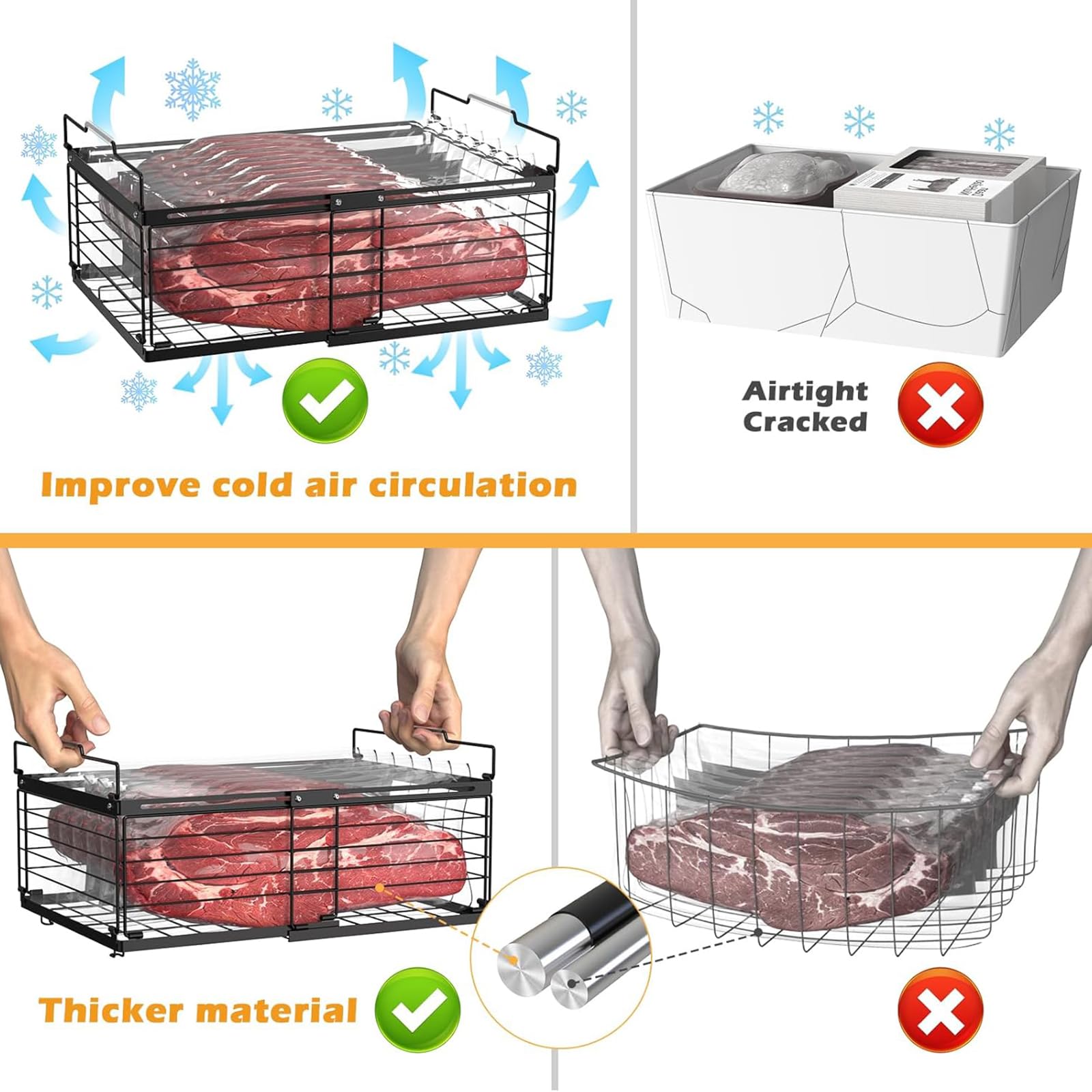 Erweiterbarer Gefriertruhe Behälter, stapelbar, längenverstellbar, Metallrahmen, ergonomischer, Kühlschrank Aufbewahrungskorb, Verstellbarer Gefrierschrank Organizer