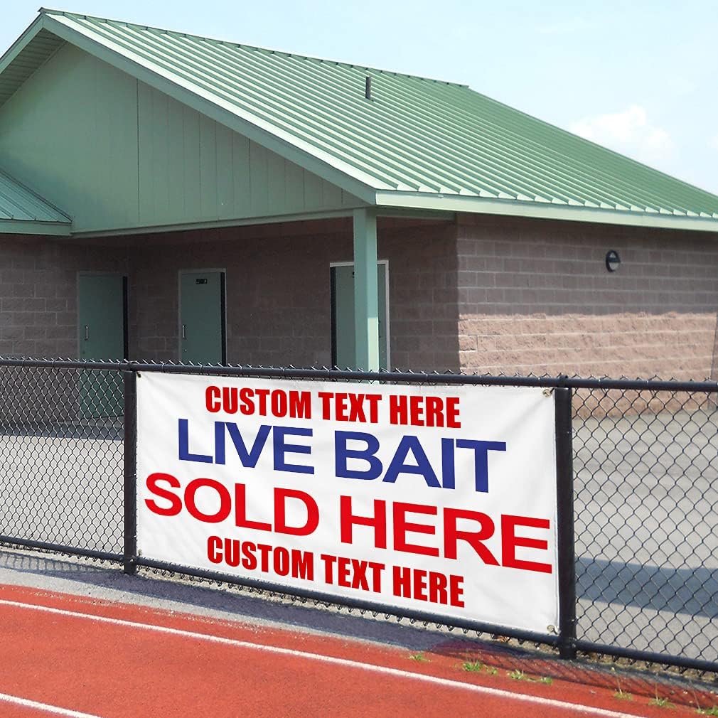 Custom Vinyl Banner Multiple Sizes Live Bait Sold Here Blue Red Bait Outdoor Weatherproof Industrial Yard Signs 4 Grommets Personalized Text Here 16x40Inches