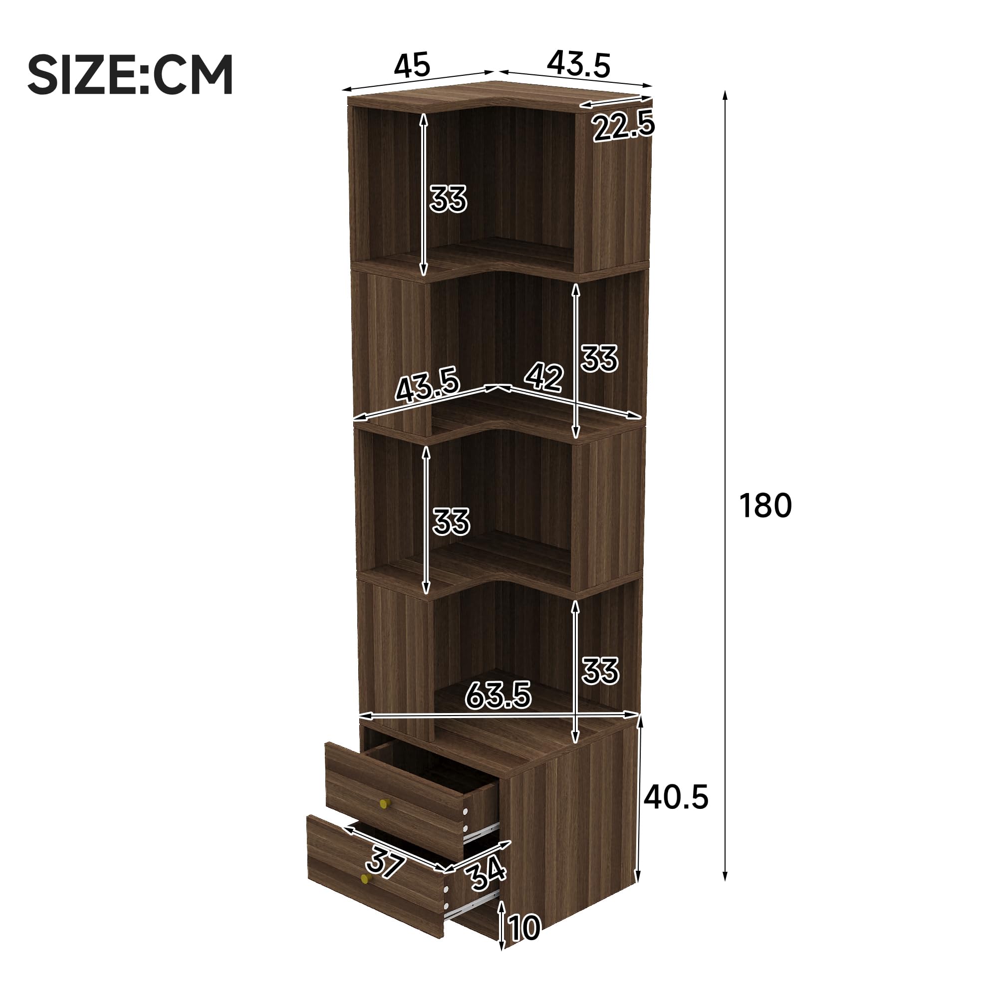 Azkoeesy Vetrina Angolare con illuminazione a LED tramite App, 180 x 45 x 43,5 cm, Mobile Alto con 2 Cassetti e Libreria a 4 Ripiani, Robusto MDF, Adatto a Soggiorni e Ingressi, marrone
