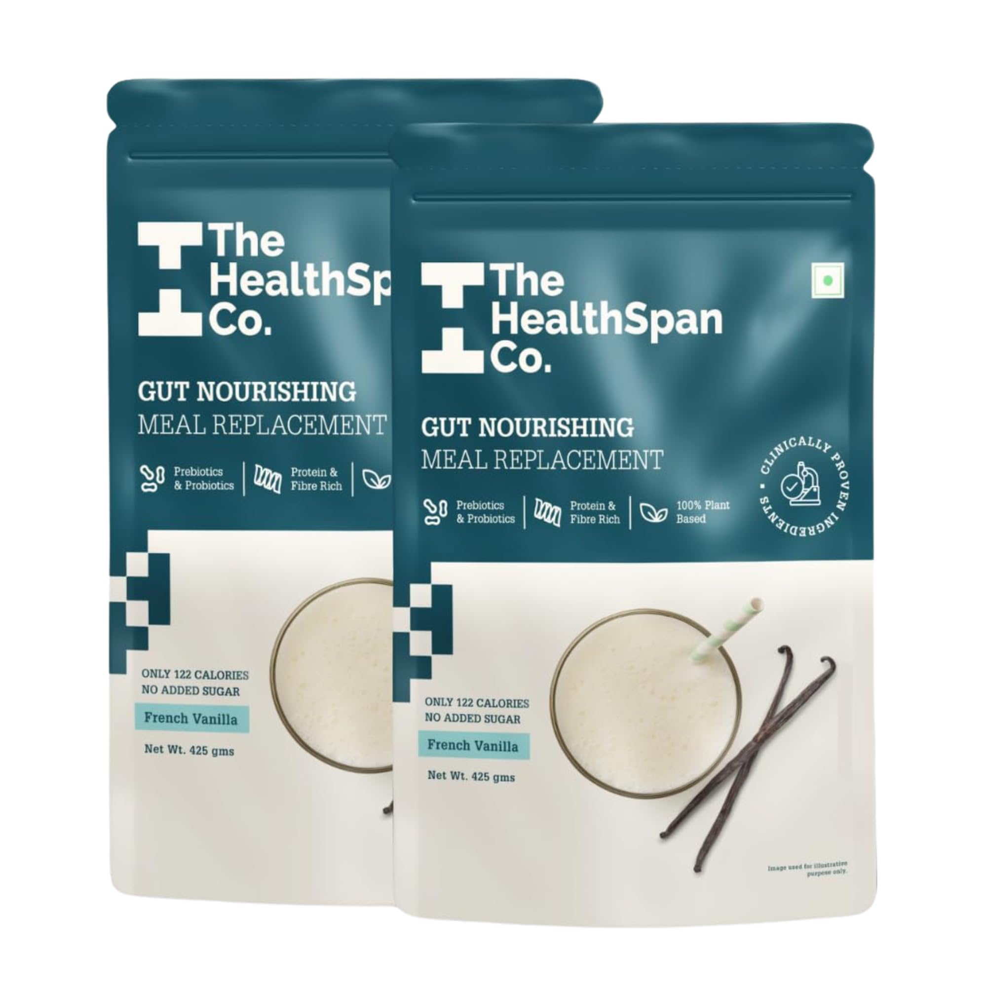 The Healthspan Co. High Protein Meal Replacement Shake 425g X 2, Only 136 Calories, For Weight Control & Management, L-carnitine for Fat Burn, High Fiber & Probiotic, No Added Sugar, Gluten & Lactose-Free, French Vanilla