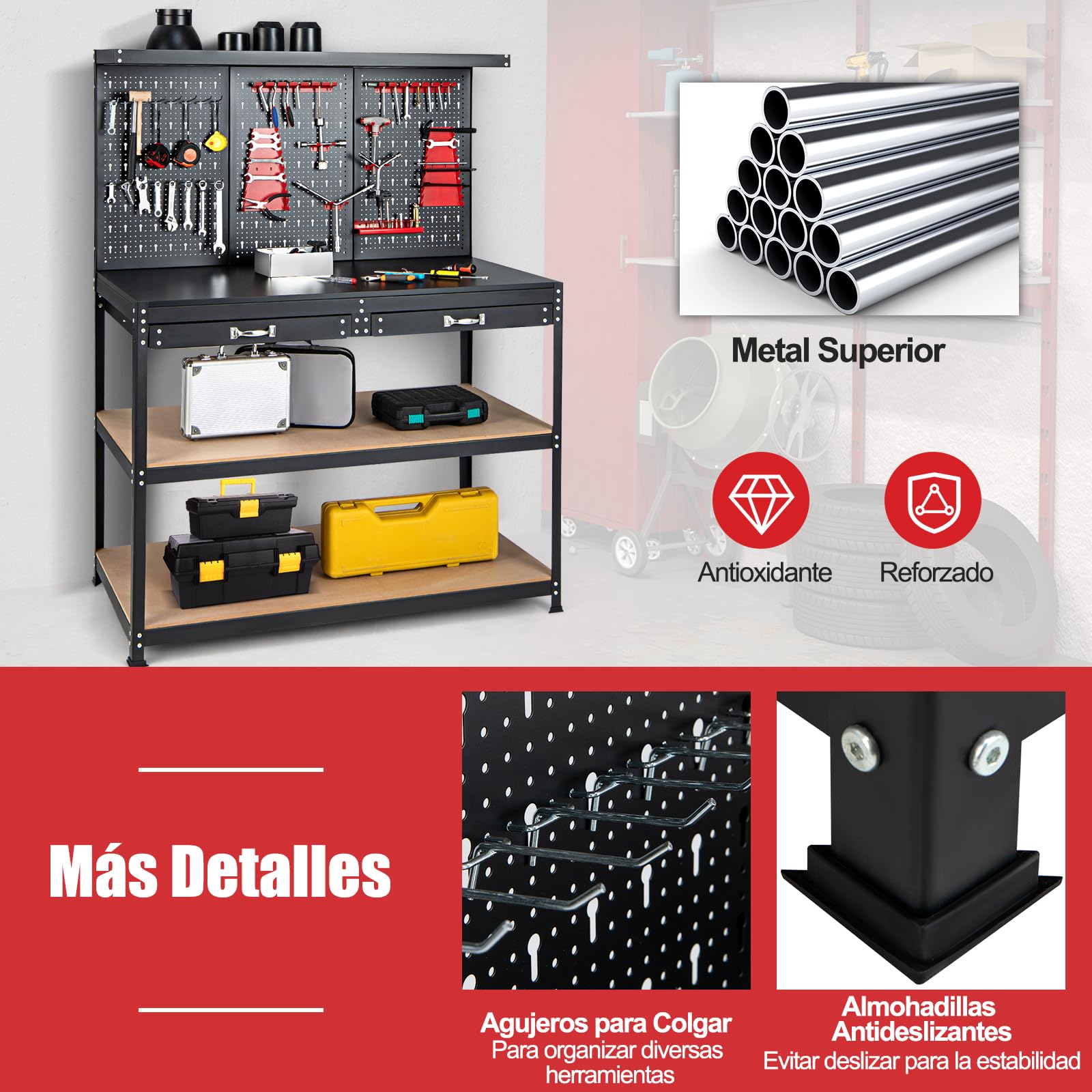 GOPLUS Banco de Trabajo con Panel Perforado, 121x61x156 cm, Organizador de Herramientas