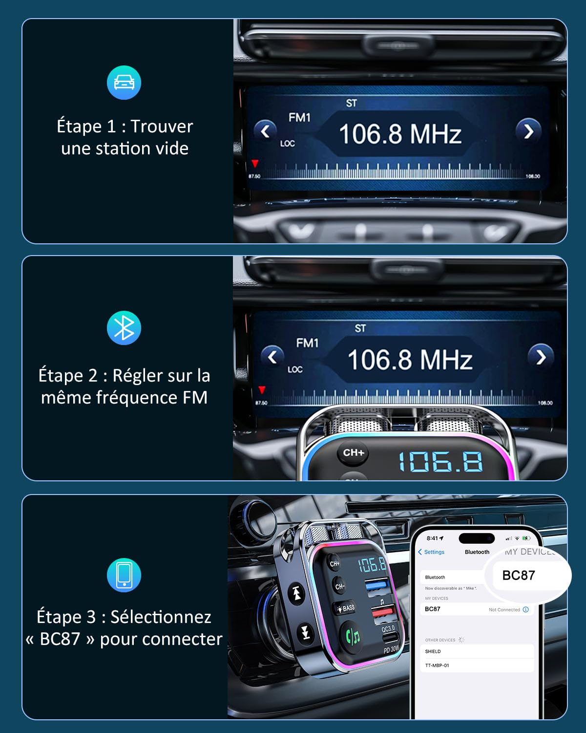 LENCENT Transmetteur FM Voiture, Allume Cigare Bluetooth 5,3 Émetteur Radio, Chargeur Rapide PD 30W & QC3.0 18W Hi-FI, Appels clairs Adaptateur pour