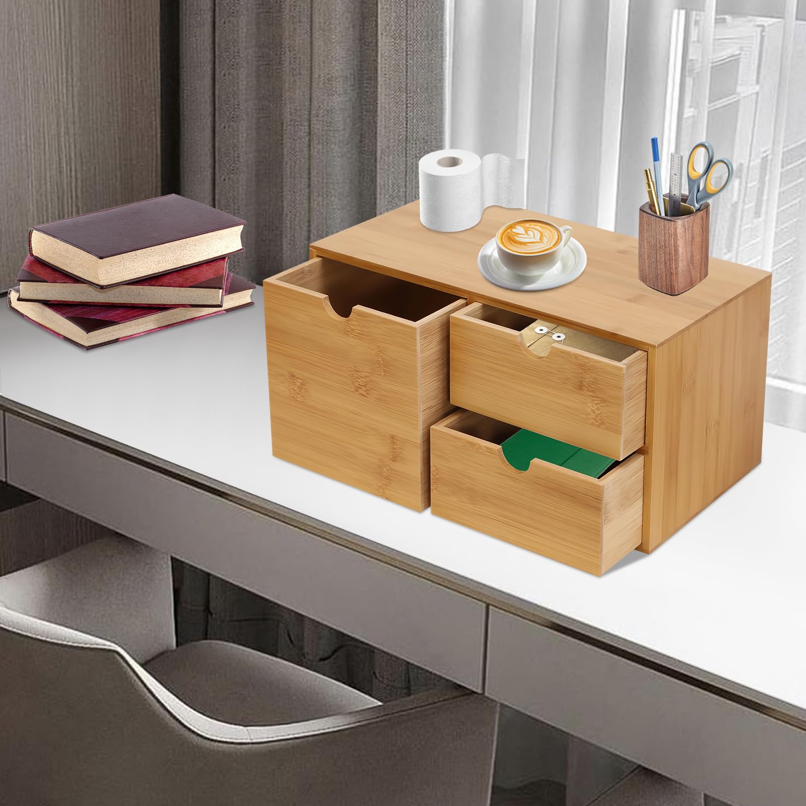 Organizer da scrivania in bambù con 3 cassetti, in bambù naturale, con parte superiore posizionabile, per ufficio, soggiorno, camera da letto