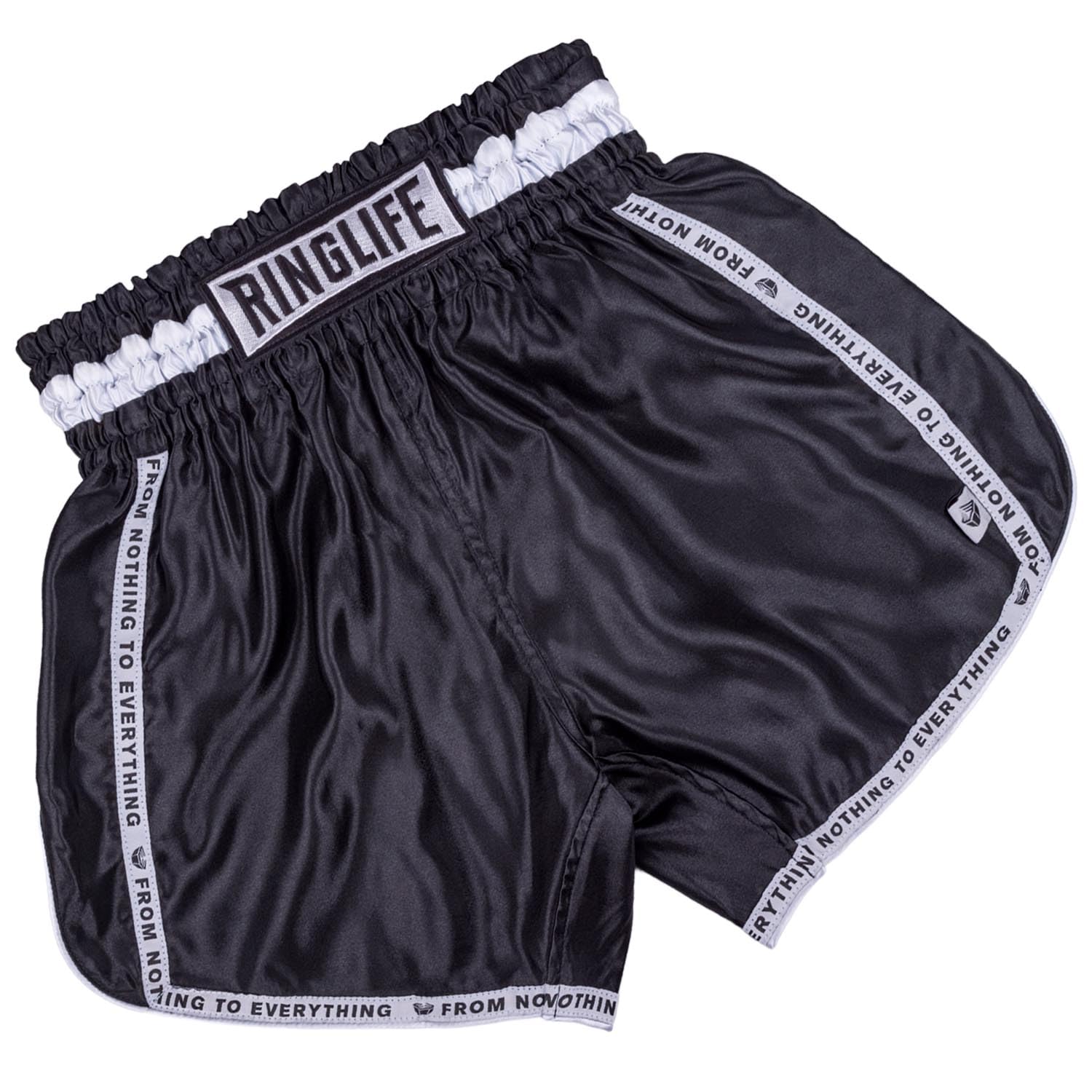 Muay Thai Shorts, Label, Schwarz, Kickboxhose für Training & Wettkampf, Thaibox Shorts Satin, Atmungsaktiv, Langlebig, Kampfsporthose für MMA, K1, Boxen, Thai Boxen