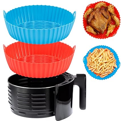 Air Fryer Silicone Liners 7.87inch, 2 Pack Reusable Air Fryer Silicone Pot, Non-stick Air Fryer Silicone Baking Tray with Dish Brush, Food Safe Air Fryers Oven Accessories Round Liners for 3.6 to 5 Qt